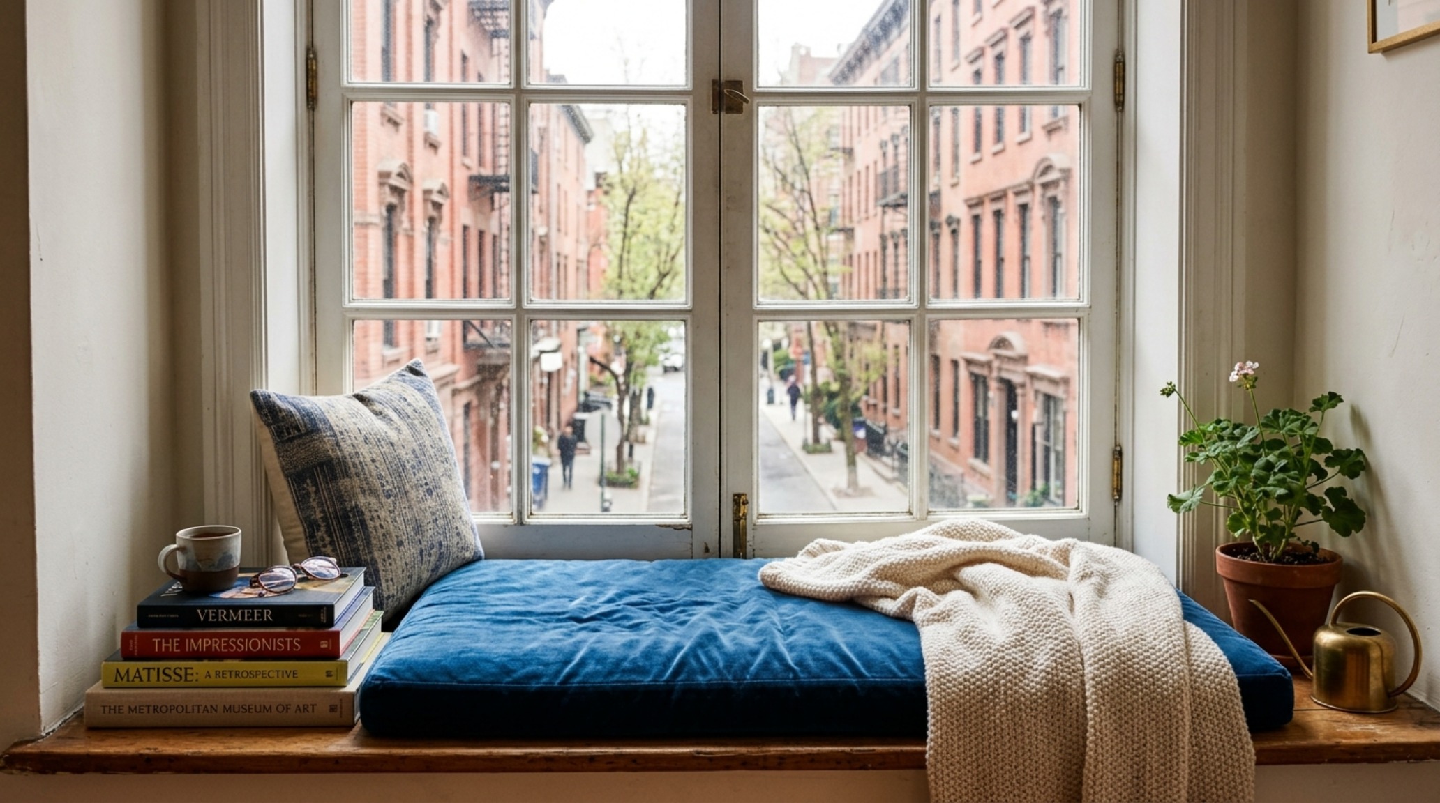 Natural light flooding through a West Village window onto a curated collection of art books and ceramics on high-gloss shelves. Natural light flooding through a West Village window onto a curated collection of art books and ceramics on high-gloss shelves.