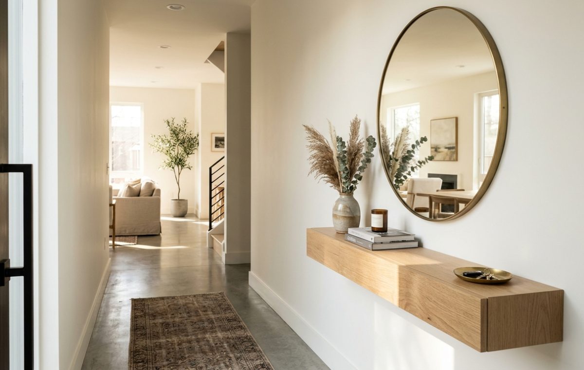 Editorial wide shot of a narrow entryway featuring a floating white oak console and an oversized circular mirror reflecting a light-filled living room.