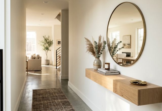 Editorial wide shot of a narrow entryway featuring a floating white oak console and an oversized circular mirror reflecting a light-filled living room.