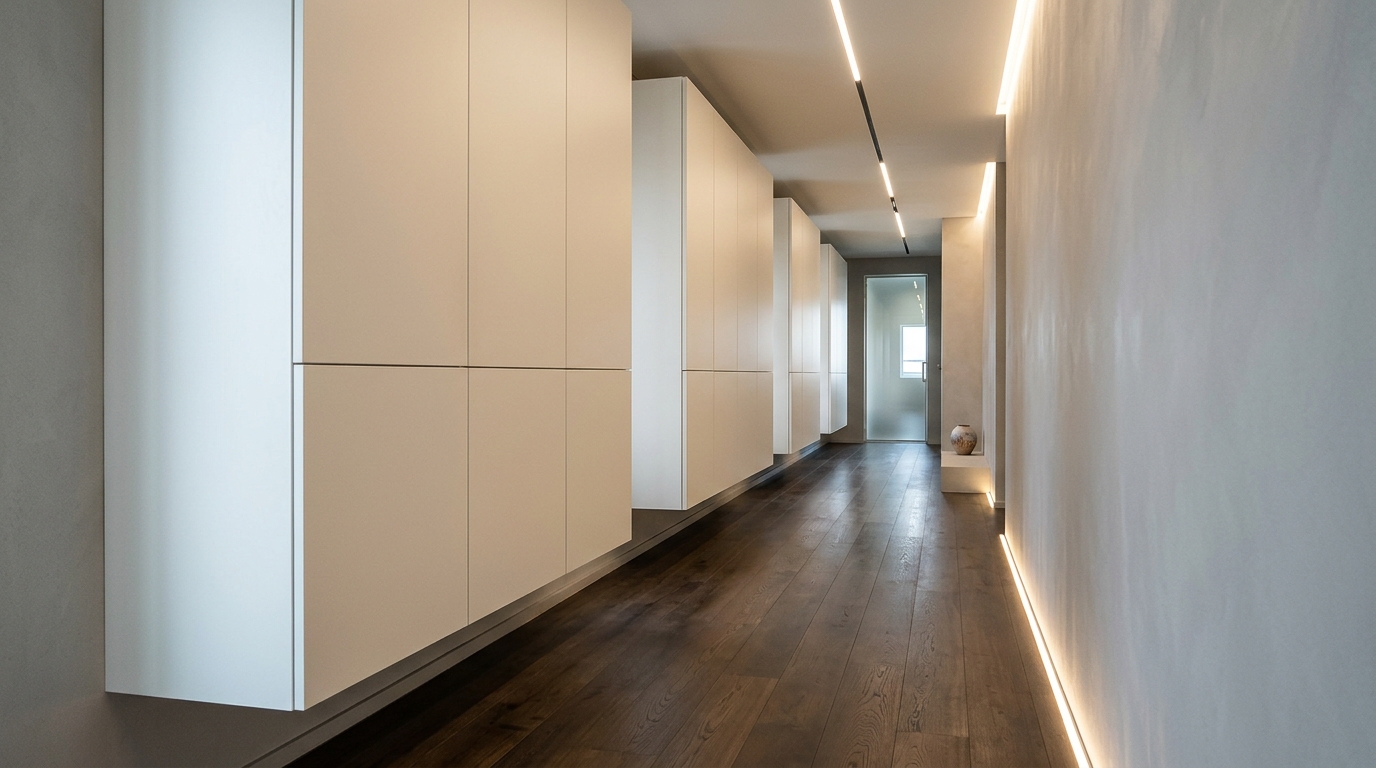 Modern hallway storage solutions showing a vertical sequence of floating drawers in a sun-drenched corridor.