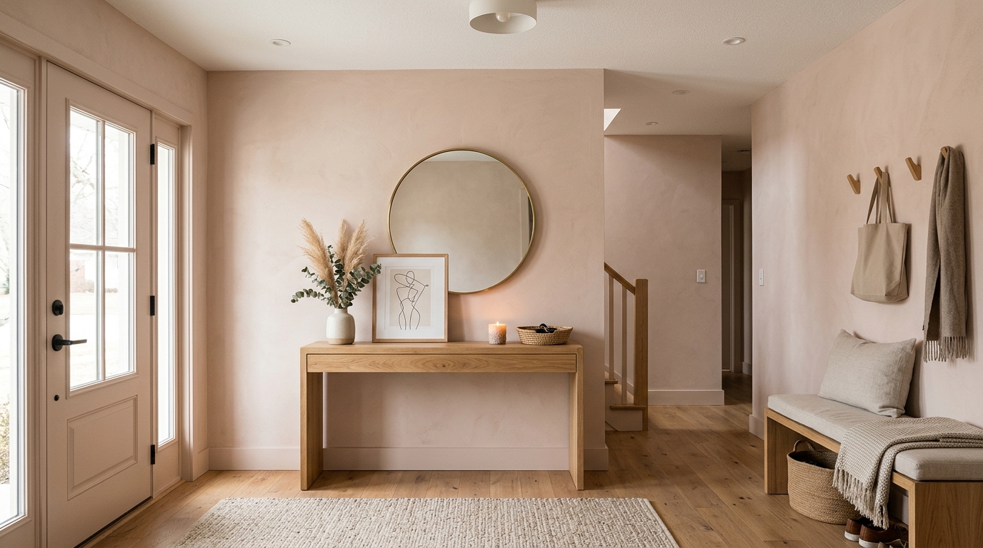 Soft-focus background of a foyer with 2018-inspired warm minimalism elements and Benjamin Moore Swiss Coffee walls.