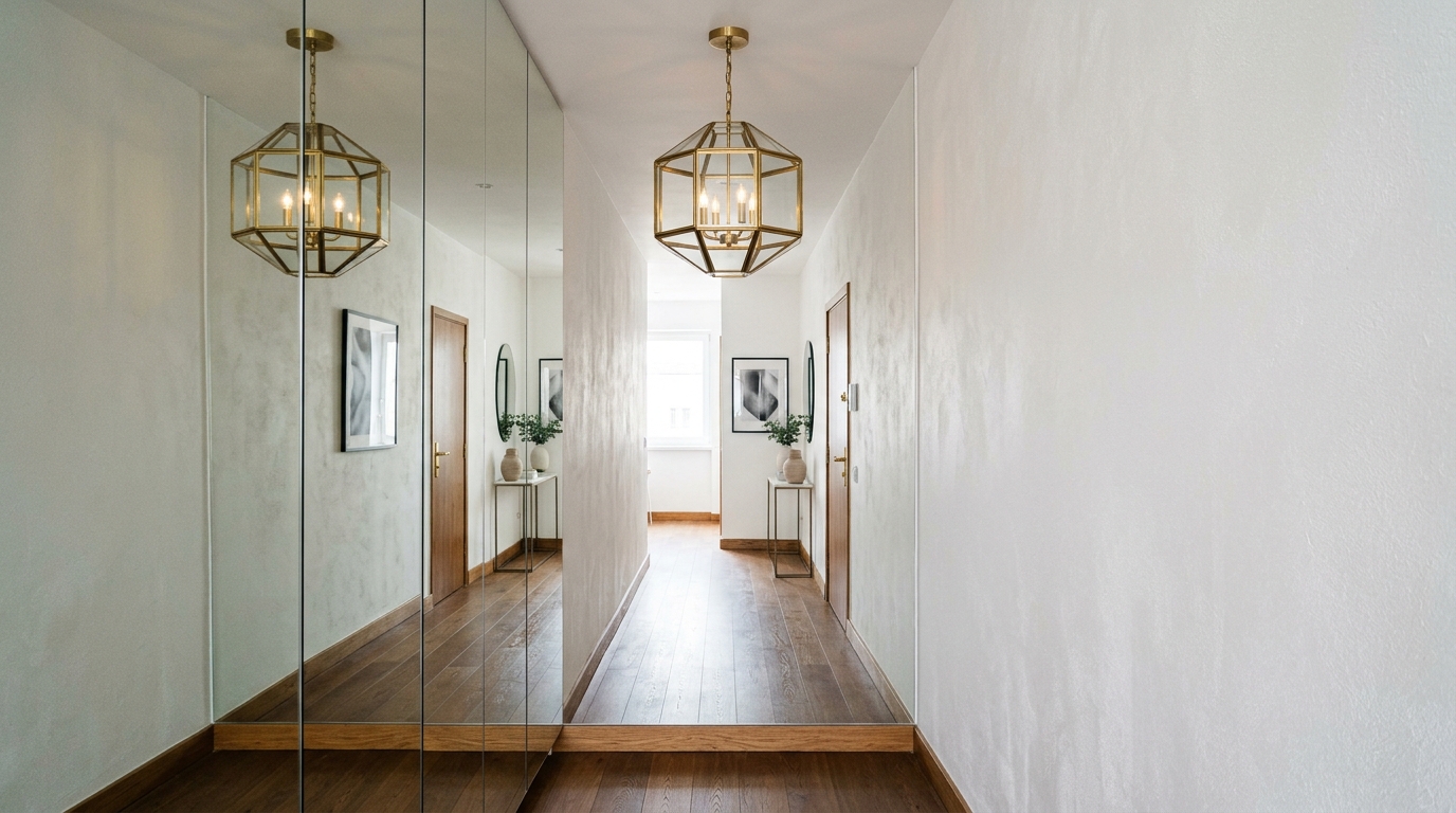 Design-forward narrow entryway ideas showing a slim marble ledge and a floor-to-ceiling mirror panel.