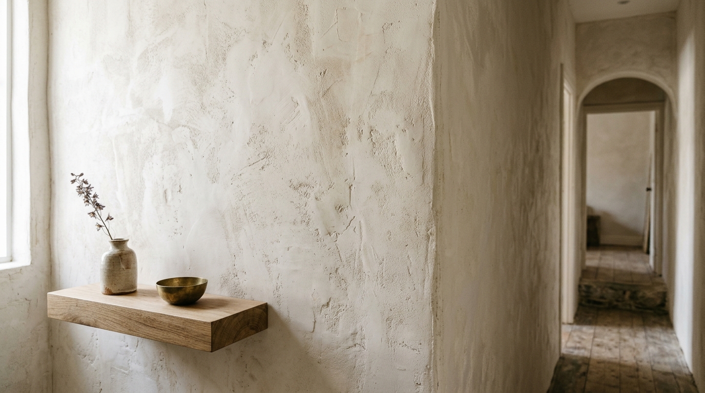 Light and shadow interplay in a narrow foyer with a textured plaster wall finish and a floating timber bench.