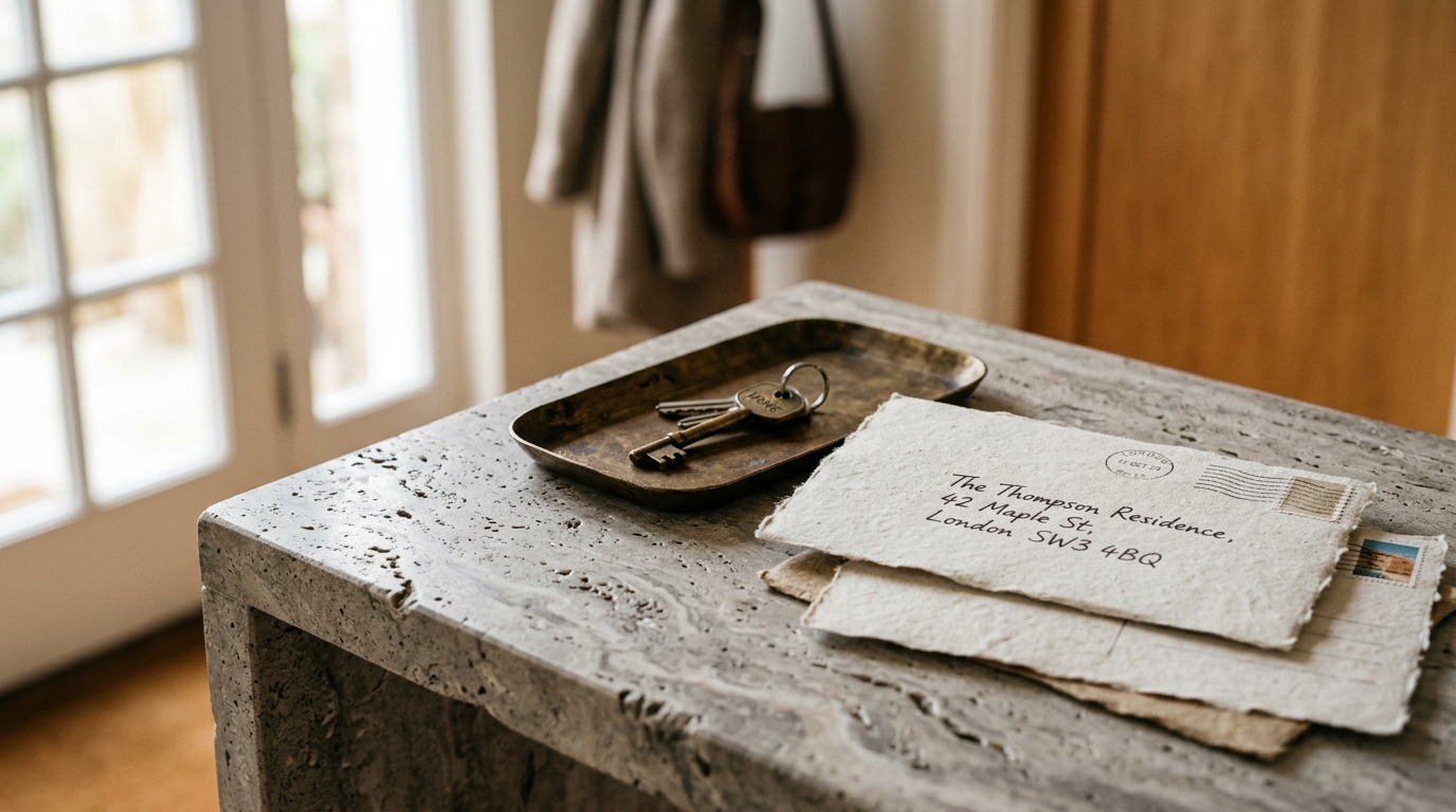Macro detail shot of a honed travertine console surface with a brass key tray and architectural shadows from a window.