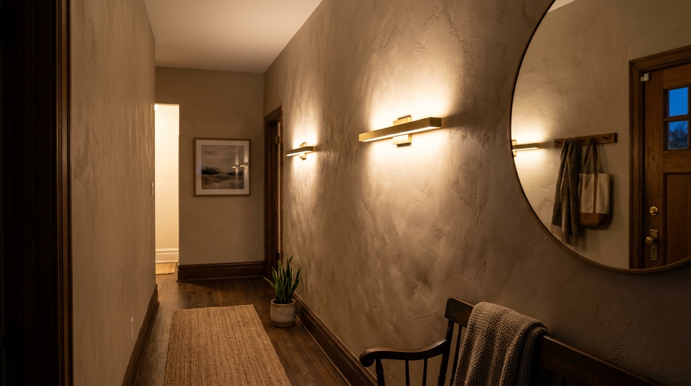 Atmospheric evening shot of a narrow hallway illuminated by 2700K warm ambient wall sconces and soft-glow lighting.
