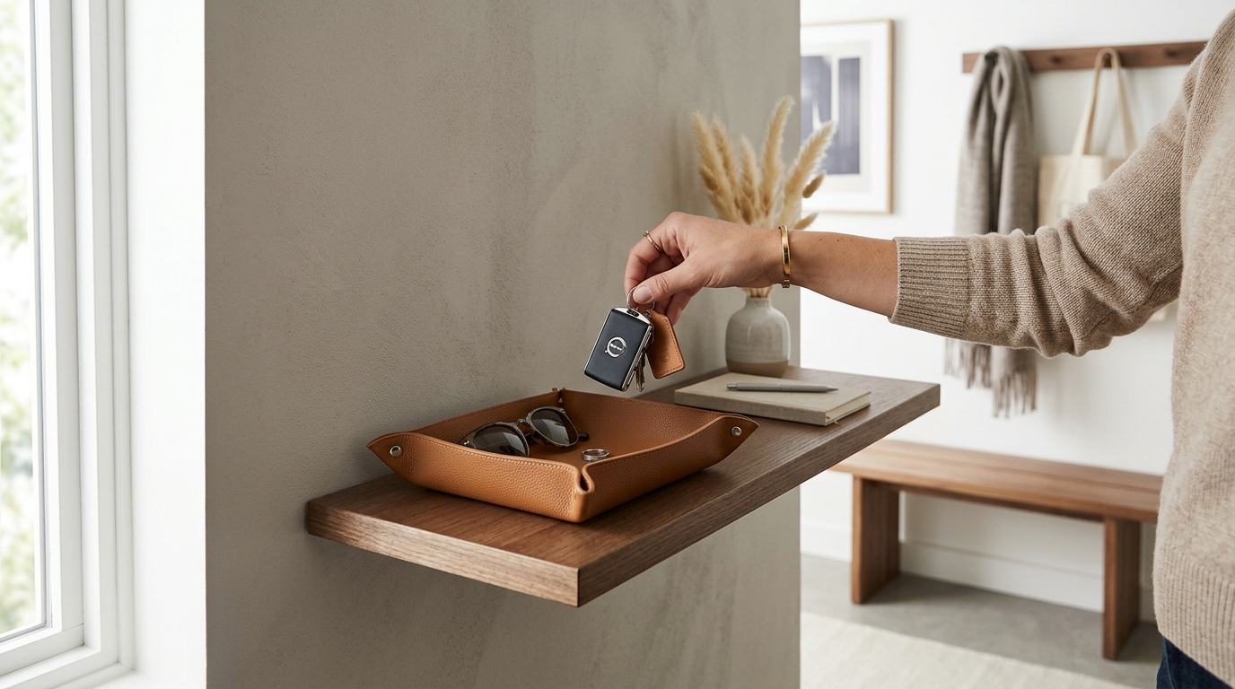 High-utility snapshot of a modern floating entryway shelf used as an 'invisible drop zone' with keys, mail, and a single stem vase.