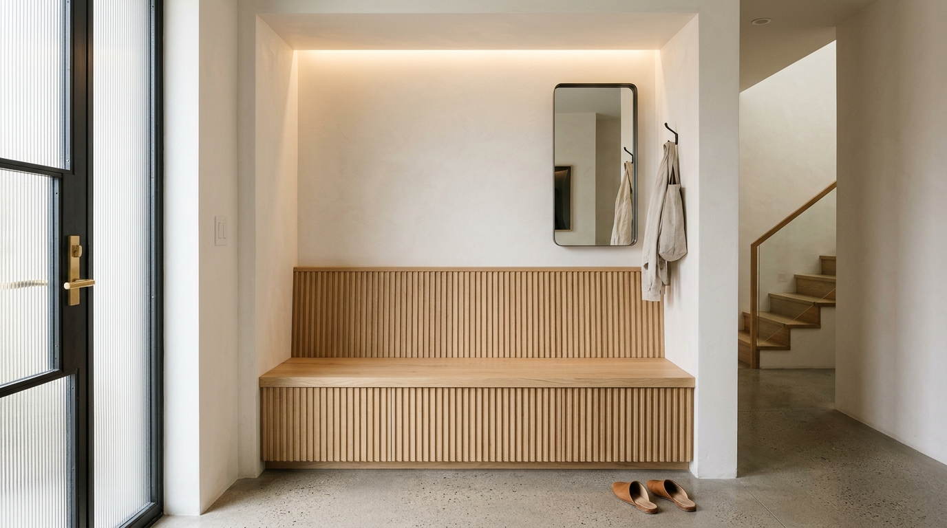 Low-angle architectural shot of a custom-built narrow entryway bench in fluted white oak against a limewash wall.