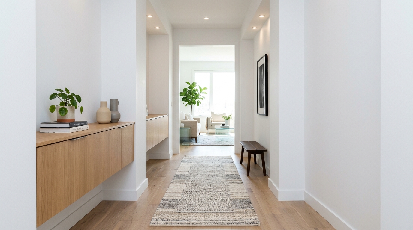 Top-down perspective of an entryway layout featuring a minimalist narrow console and a perfectly centered wool runner.