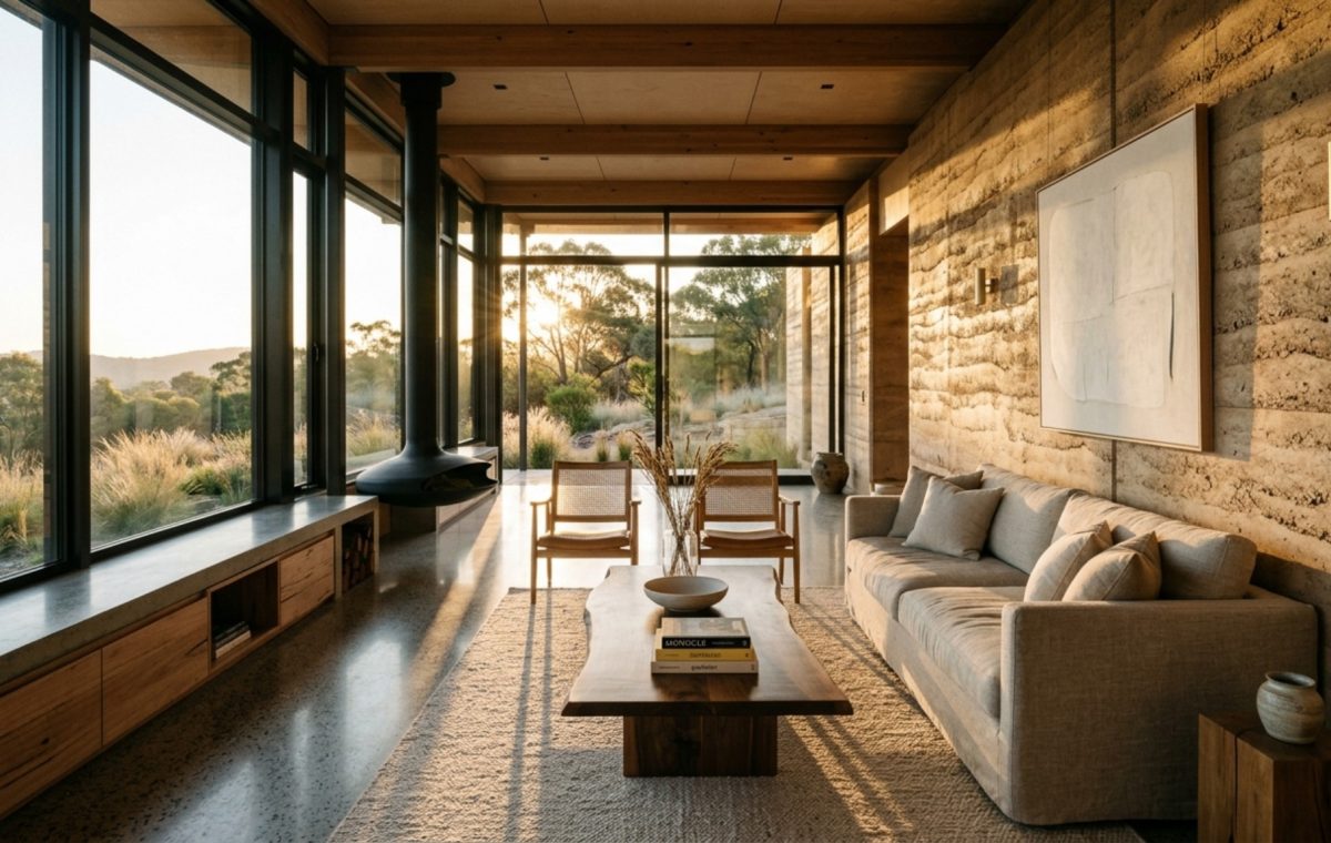 net-zero architecture design featuring a massive rammed earth wall and floor-to-ceiling glazing for optimal thermal mass regulation.
