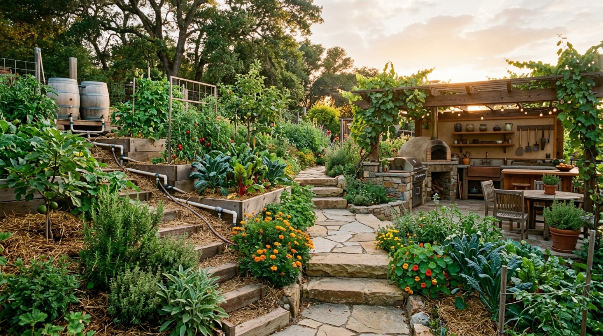permaculture landscaping ideas using tiered basalt stone walls to create a self-watering vegetable terrace integrated with the home's foundation. permaculture landscaping ideas using tiered basalt stone walls to create a self-watering vegetable terrace integrated with the home's foundation.