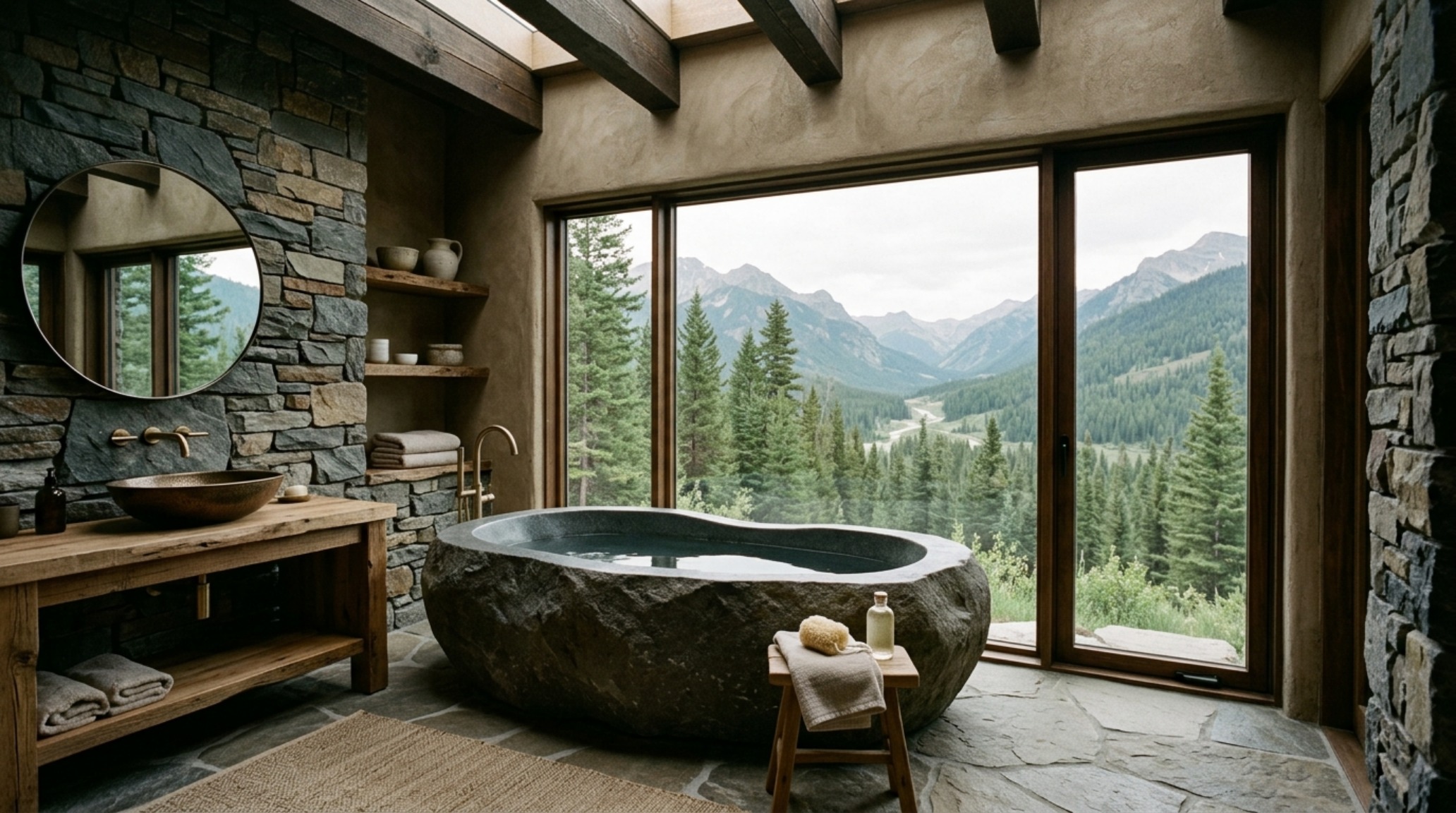 off-grid luxury living bathroom featuring a zero-waste water system and a freestanding bathtub overlooking a private desert canyon. off-grid luxury living bathroom featuring a zero-waste water system and a freestanding bathtub overlooking a private desert canyon.