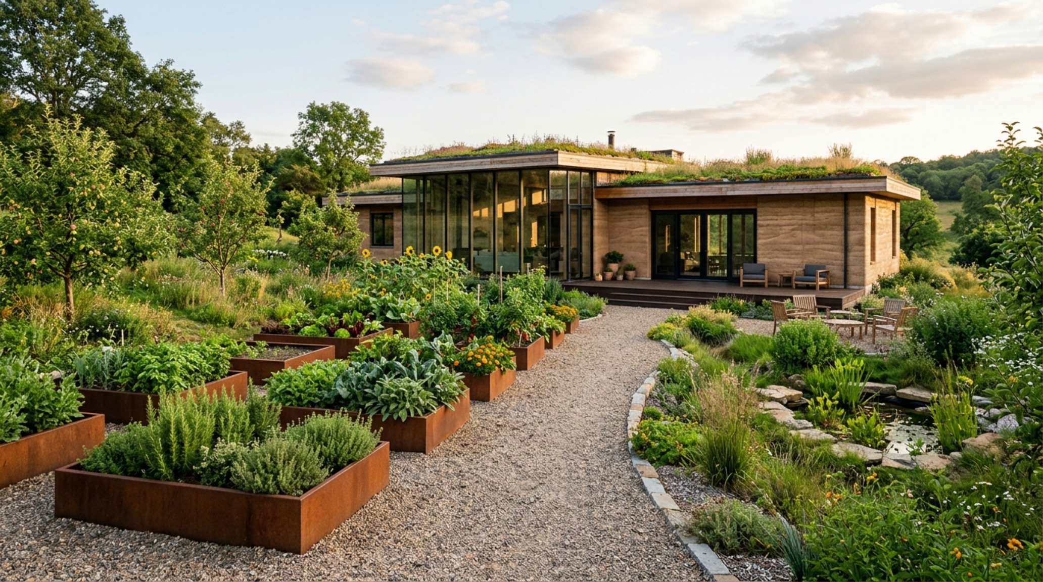 permaculture landscaping ideas showcasing an edible food forest with corten steel planters and a 48-inch wide crushed stone garden path. permaculture landscaping ideas showcasing an edible food forest with corten steel planters and a 48-inch wide crushed stone garden path.
