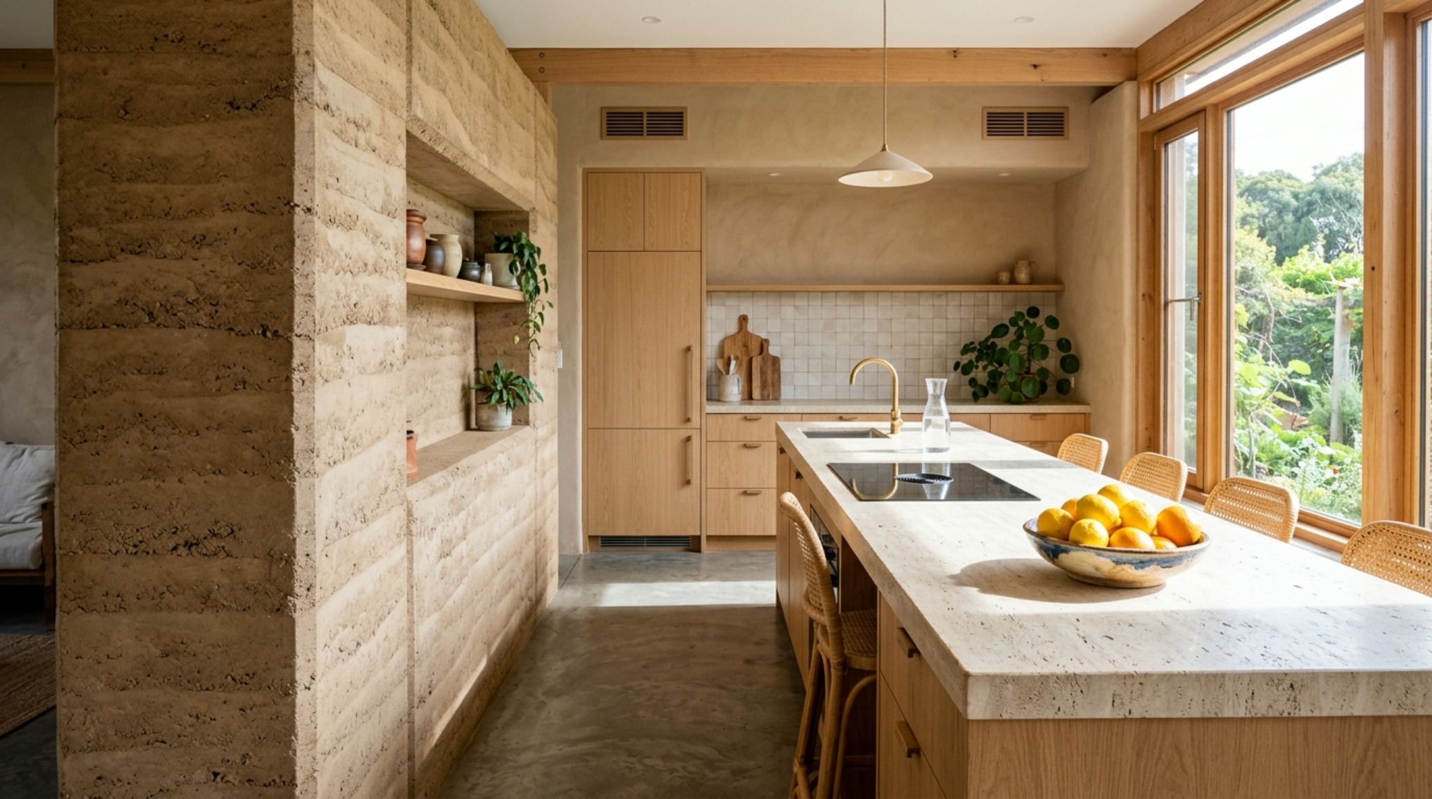 net-zero architecture design showing the 36-inch walkway clearance between a kitchen island and a thermal mass concrete wall. net-zero architecture design showing the 36-inch walkway clearance between a kitchen island and a thermal mass concrete wall.