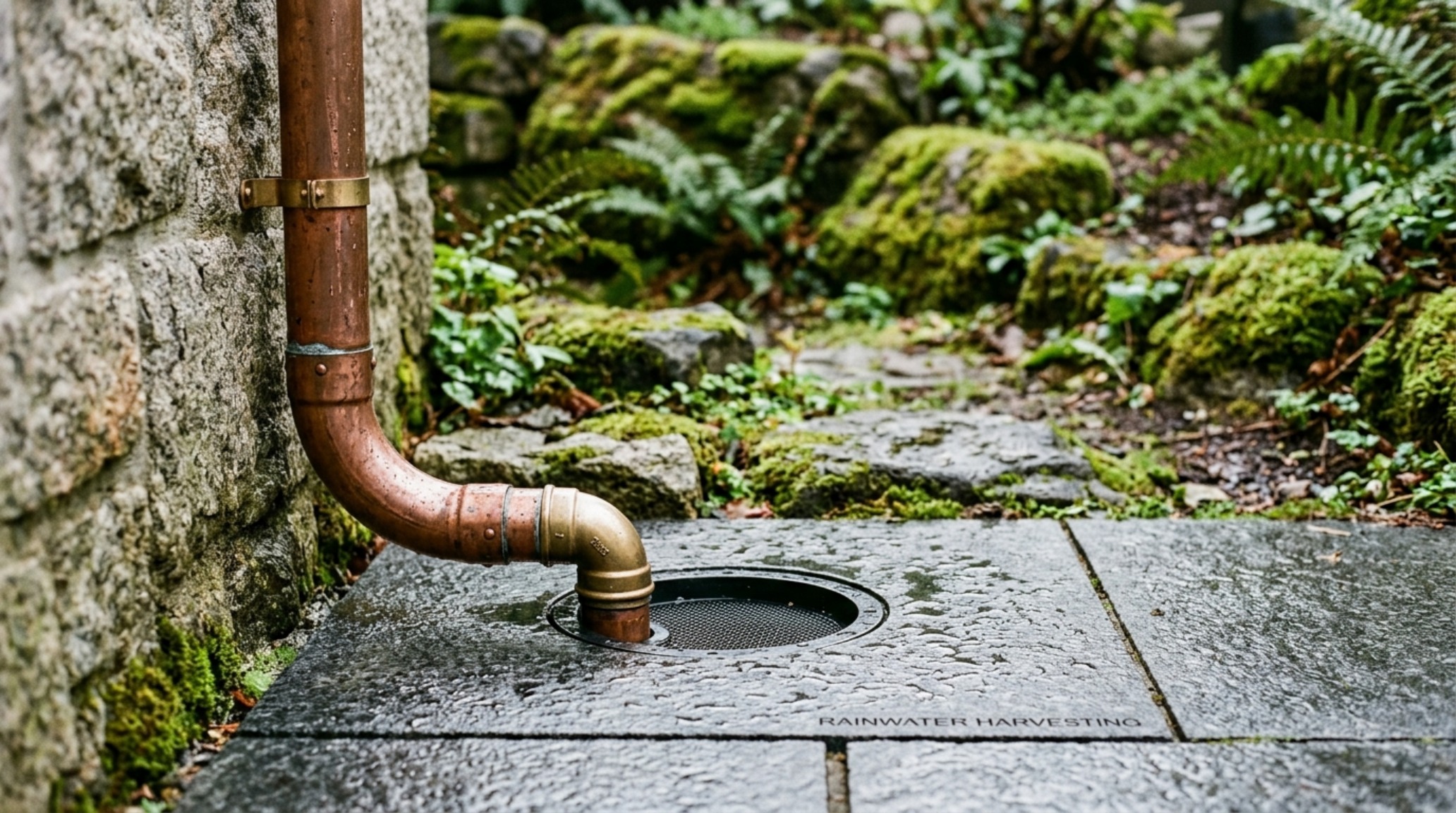 rainwater harvesting systems for homes highlighting a sculptural copper downspout that feeds into an architectural cistern system. rainwater harvesting systems for homes highlighting a sculptural copper downspout that feeds into an architectural cistern system.
