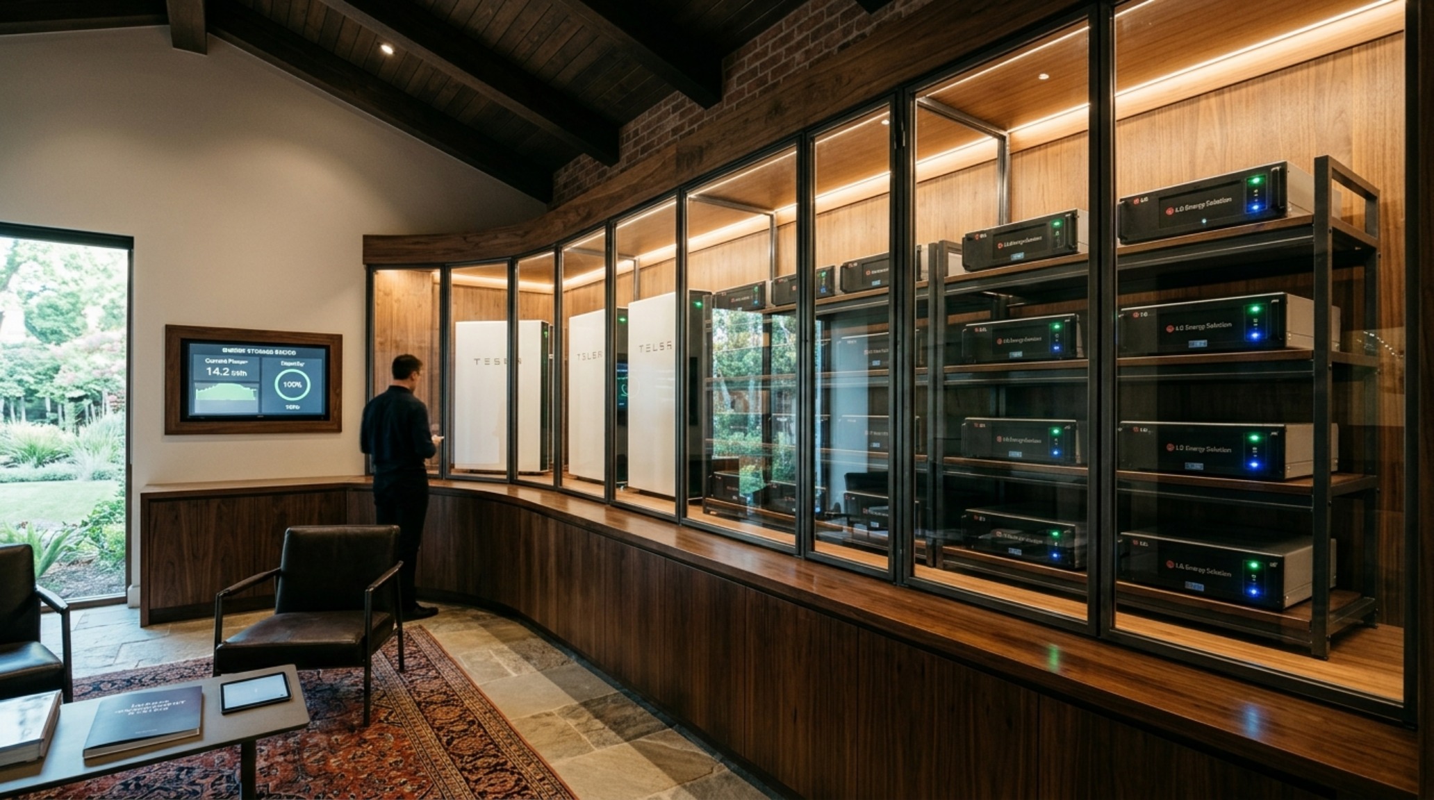 solar battery storage solutions presented as a sleek wall-mounted array in a temperature-controlled energy hub with matte grey finishes. solar battery storage solutions presented as a sleek wall-mounted array in a temperature-controlled energy hub with matte grey finishes.