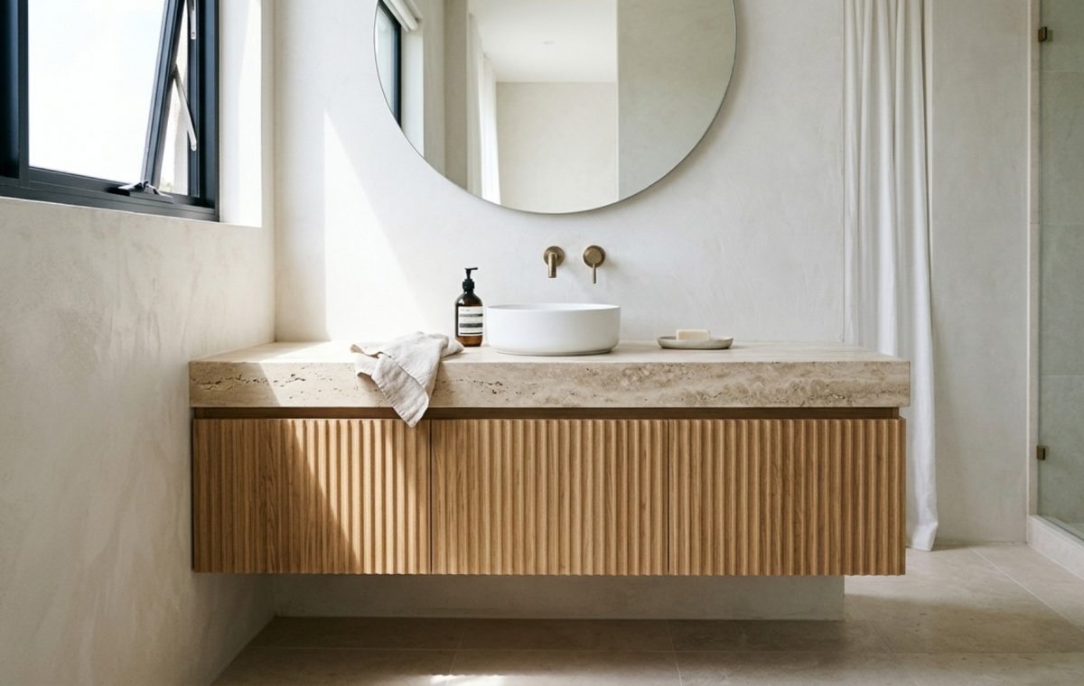 floating vanity storage solutions crafted in fluted white oak with integrated UV-C sanitizing drawers and a honed travertine countertop