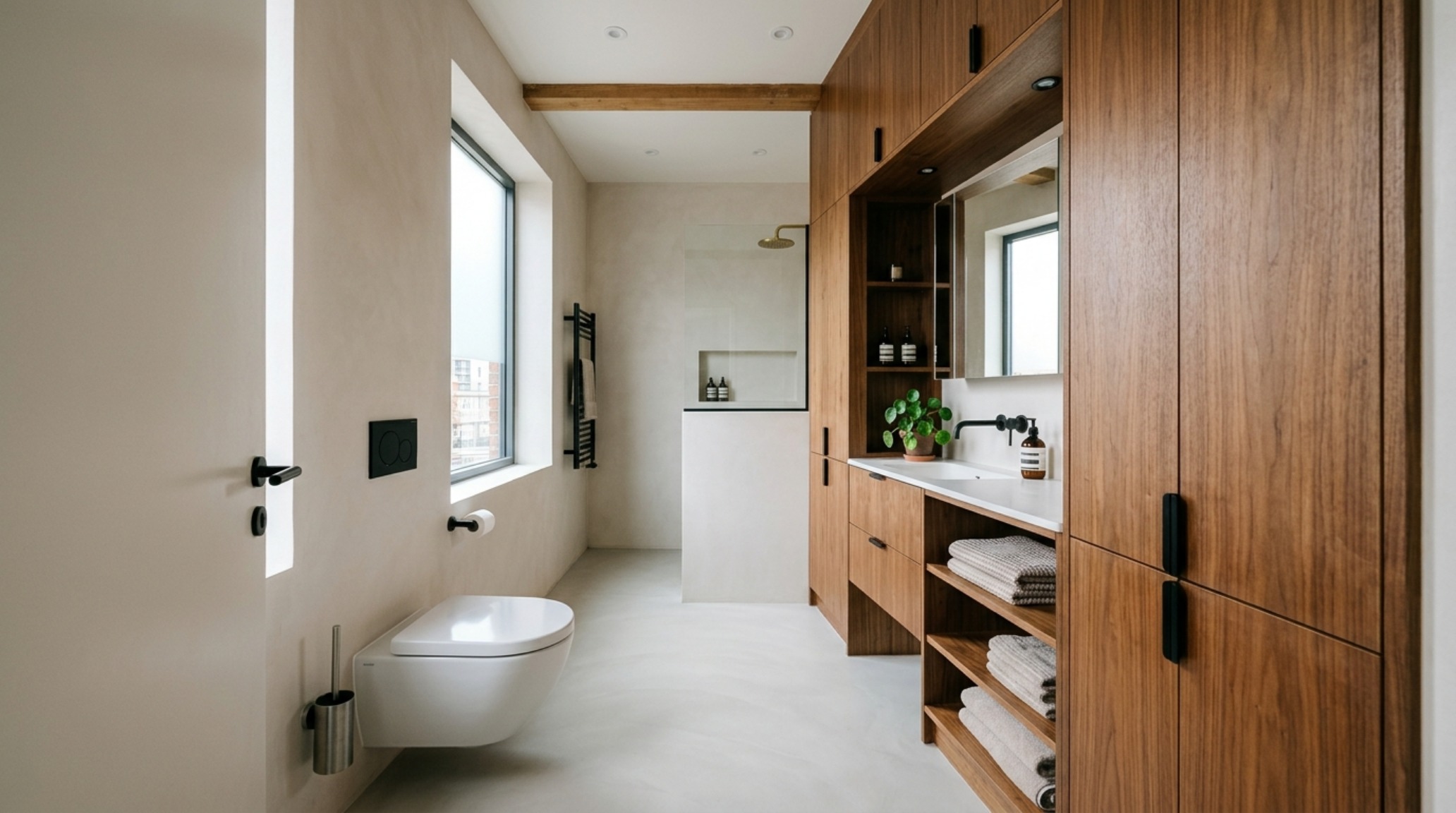 small space bathroom hacks featuring a wall-hung toilet and a floor-to-ceiling recessed walnut cabinet for maximum spatial efficiency