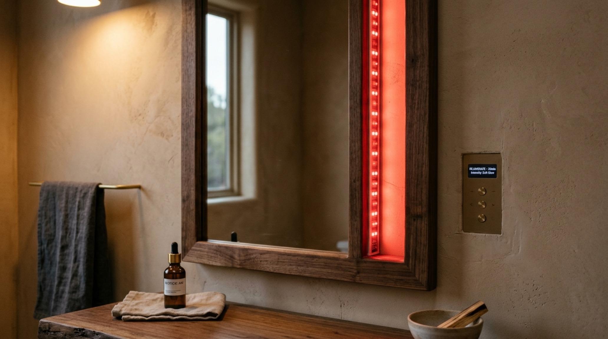 biohacking bathroom design showcasing a custom vanity with amber circadian lighting and a red-light therapy mirror for evening recovery