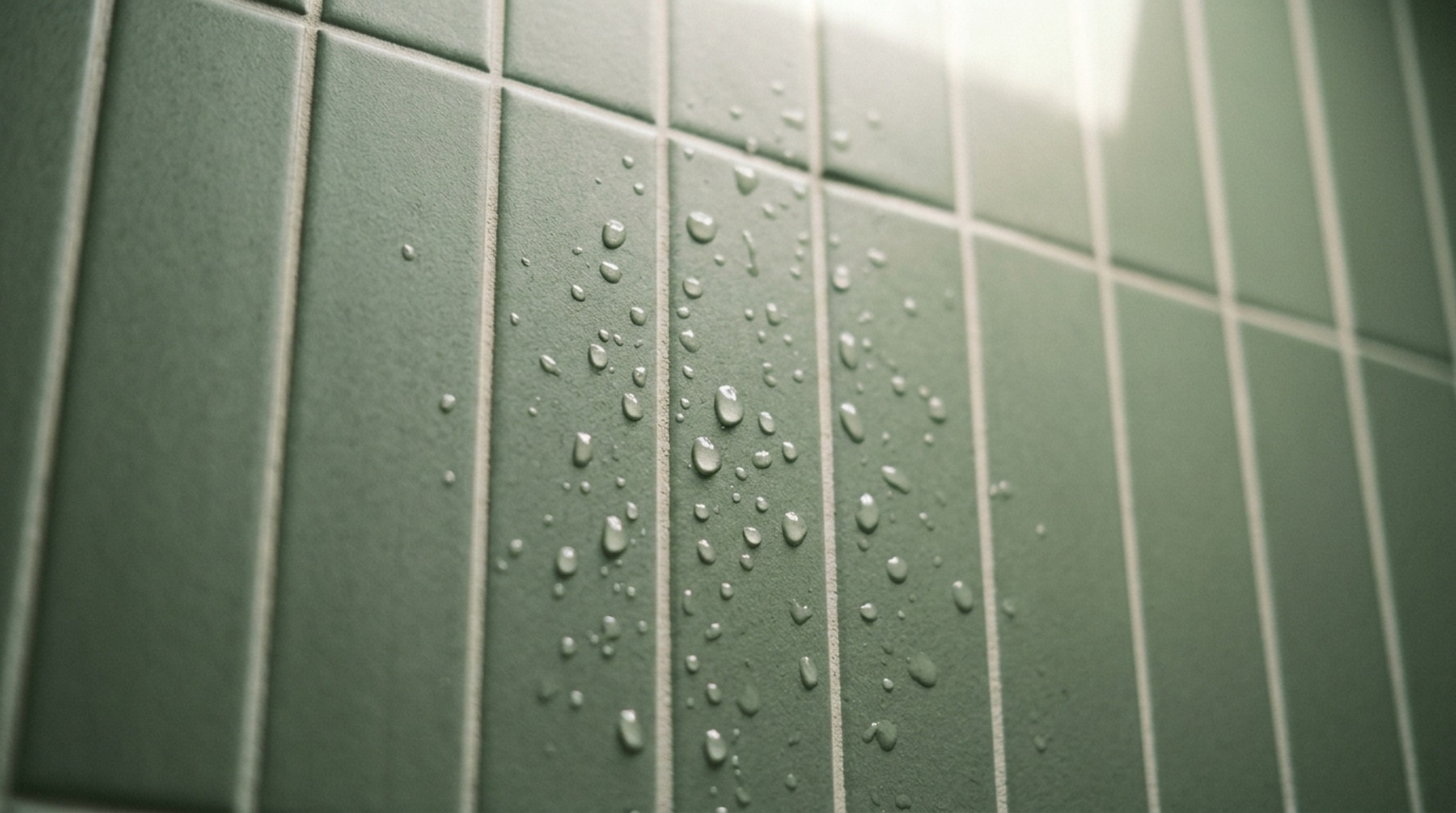 mid-century modern bathroom tile in a vertical stacked-bond pattern using matte sage green ceramics in a sun-drenched shower