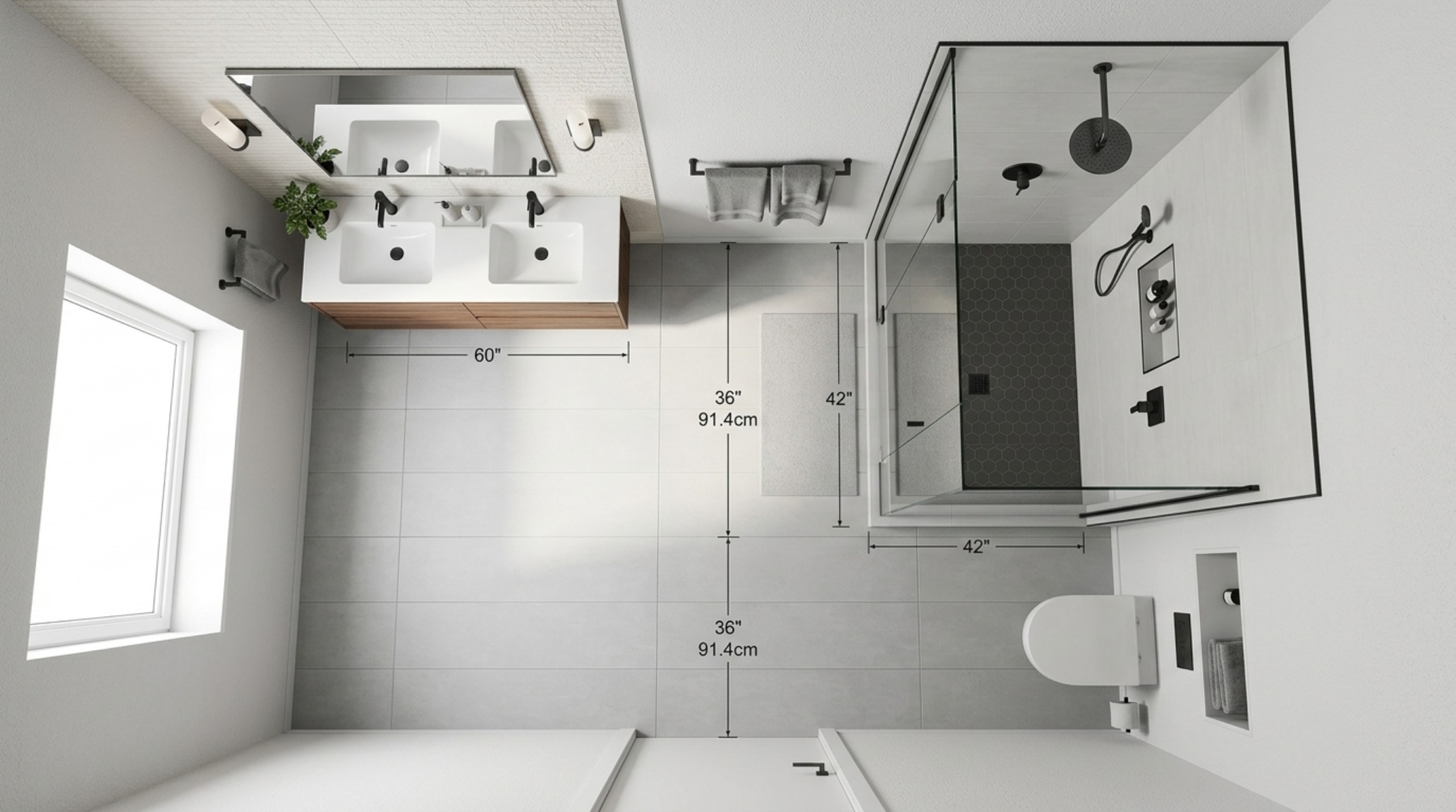 architectural bathroom layouts emphasizing 36-inch walkway clearances and a minimalist glass-enclosed wet room with brass fixtures