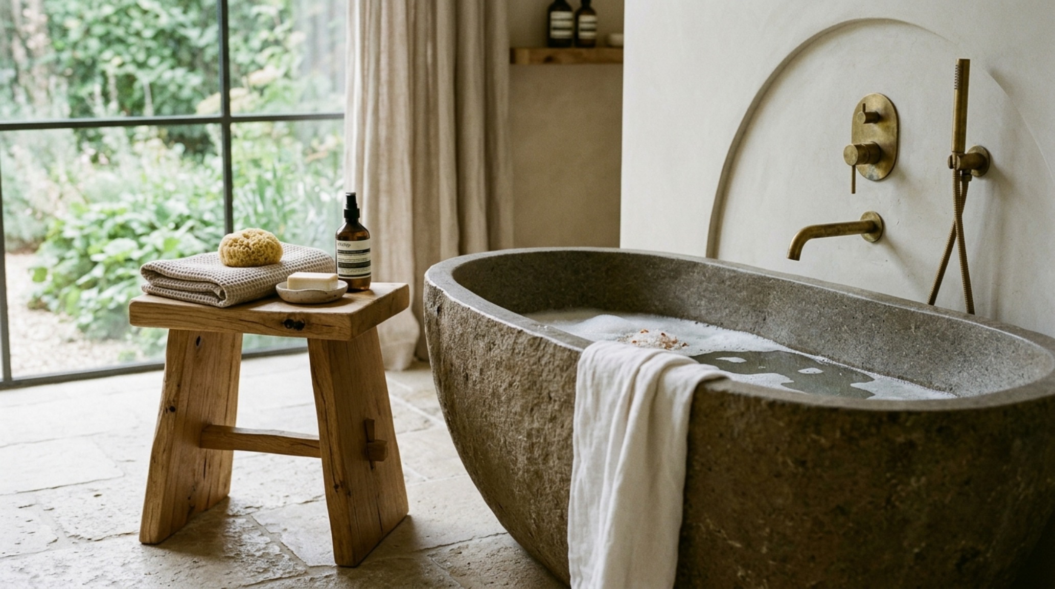 organic modern bathroom materials including raw limestone walls and a solid cedar stool highlighting tactile warmth in a modernist bath