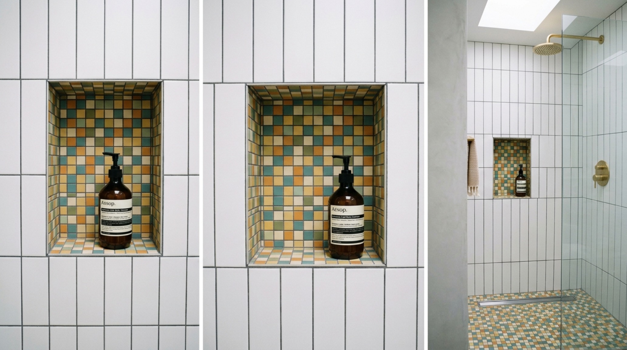 small space bathroom hacks utilizing a recessed shower niche lined with geometric mid-century tiles for a streamlined aesthetic