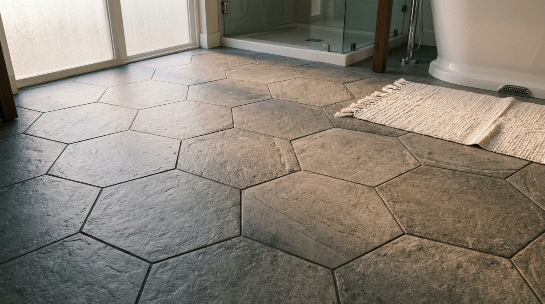 mid-century modern bathroom tile floor in a large-format hexagon pattern with integrated radiant heating for thermal comfort