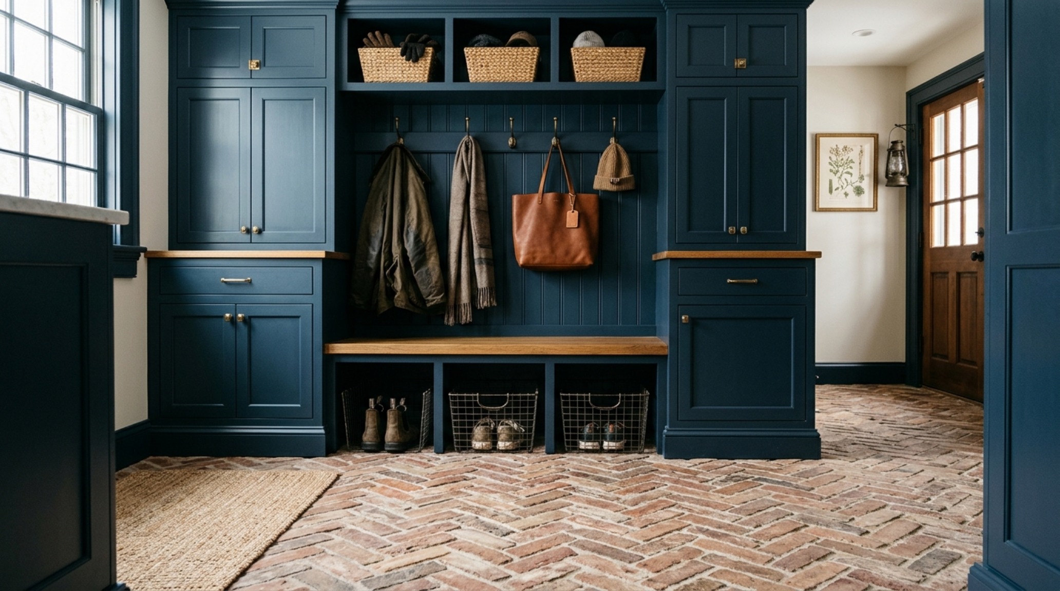 Architectural shot of navy blue silk-finish cabinetry contrasting against reclaimed brick herringbone flooring, showcasing the tactile grounding of whole home 2019 mudroom decor ideas.