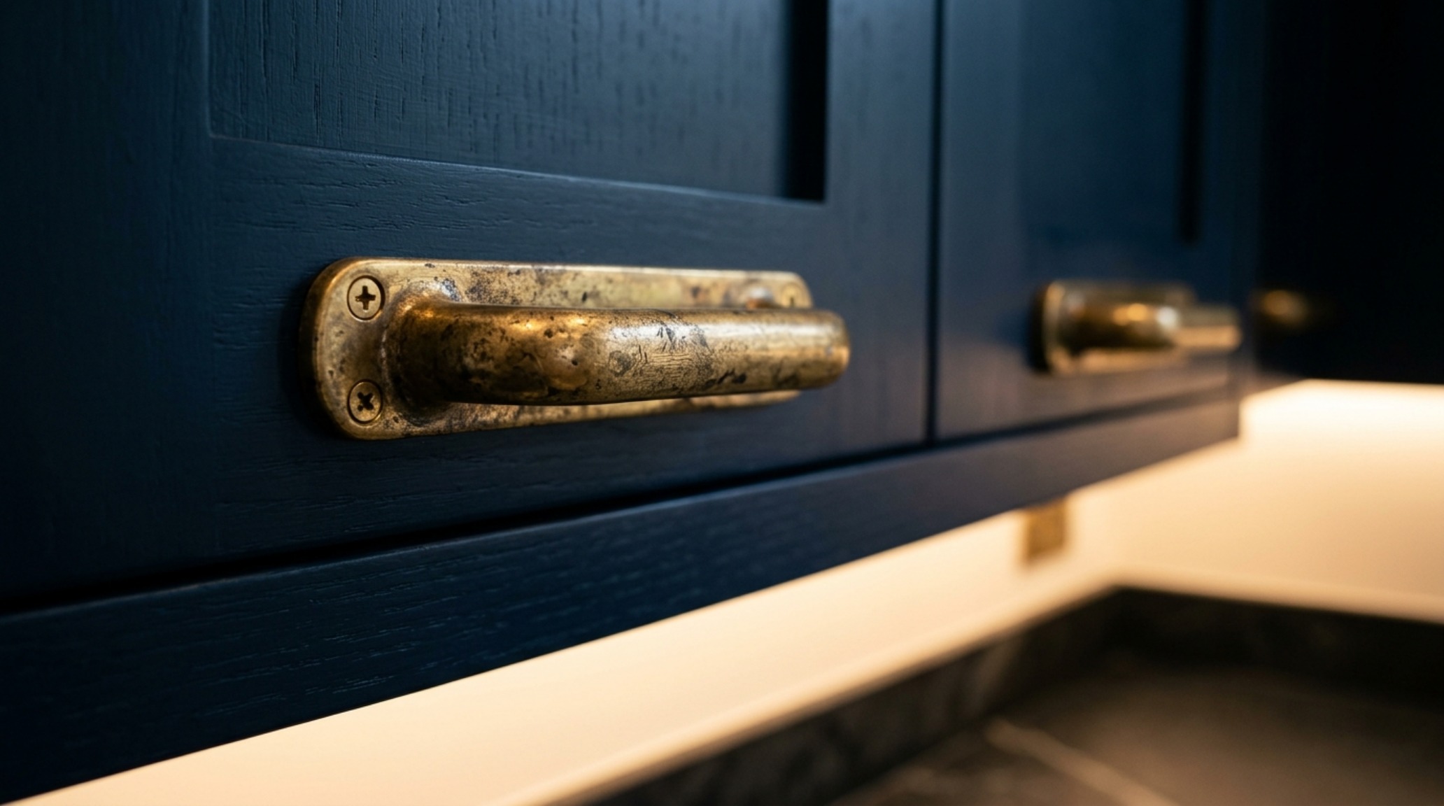 Detail of unlacquered brass hardware on deep indigo cabinets illuminated by 2700K warm under-cabinet lighting, emphasizing sensory quiet luxury.