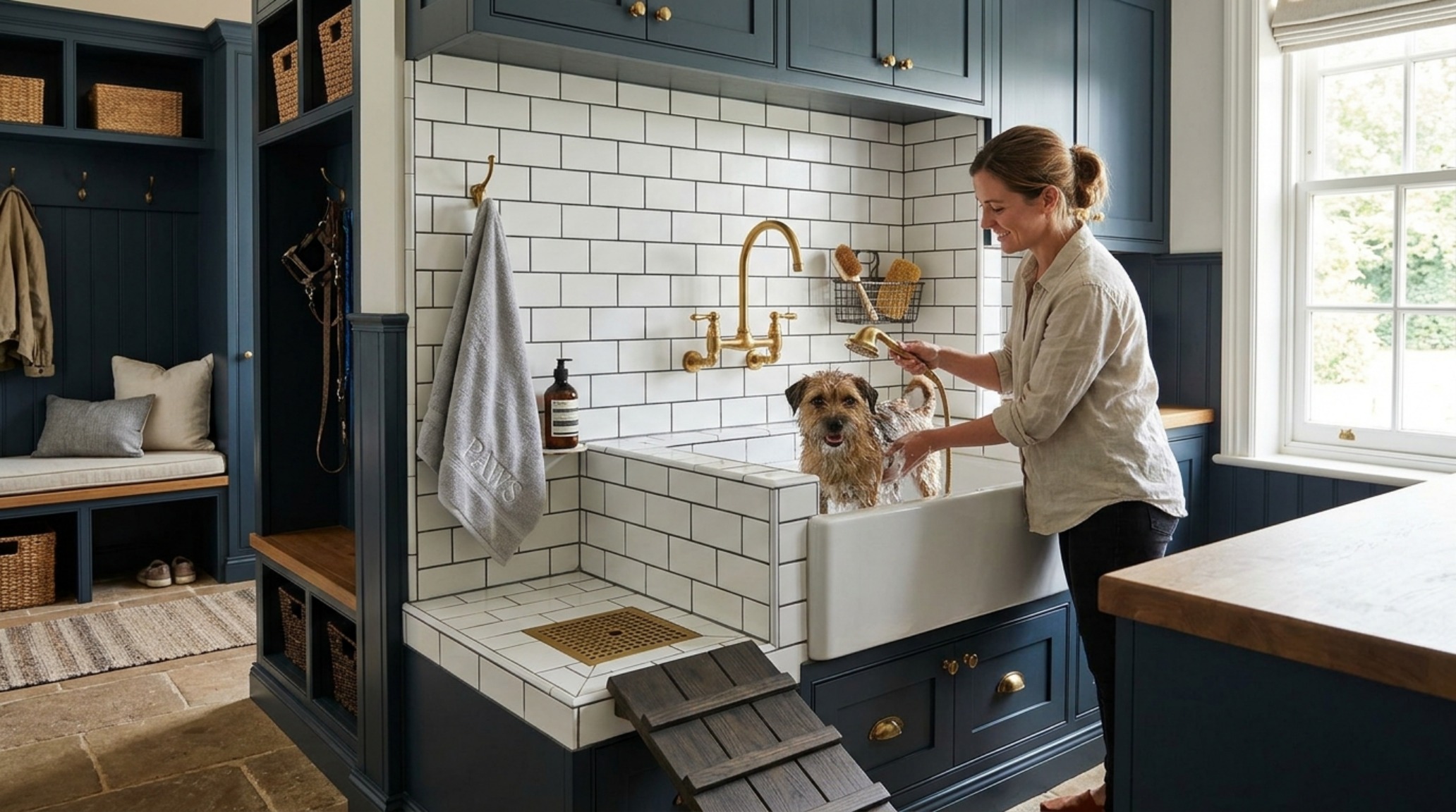A high-design luxury mudroom dog wash station with subway tiles and vintage-inspired brass plumbing, integrated seamlessly into custom entryway cabinetry.