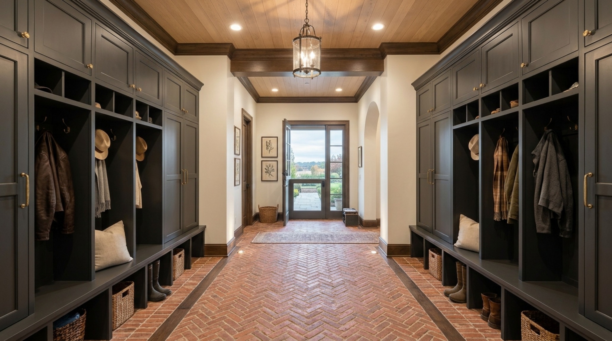 A wide-angle perspective of a modern farmhouse mudroom layout with 36-inch walkways, built-in lockers, and a central command center for home organization.