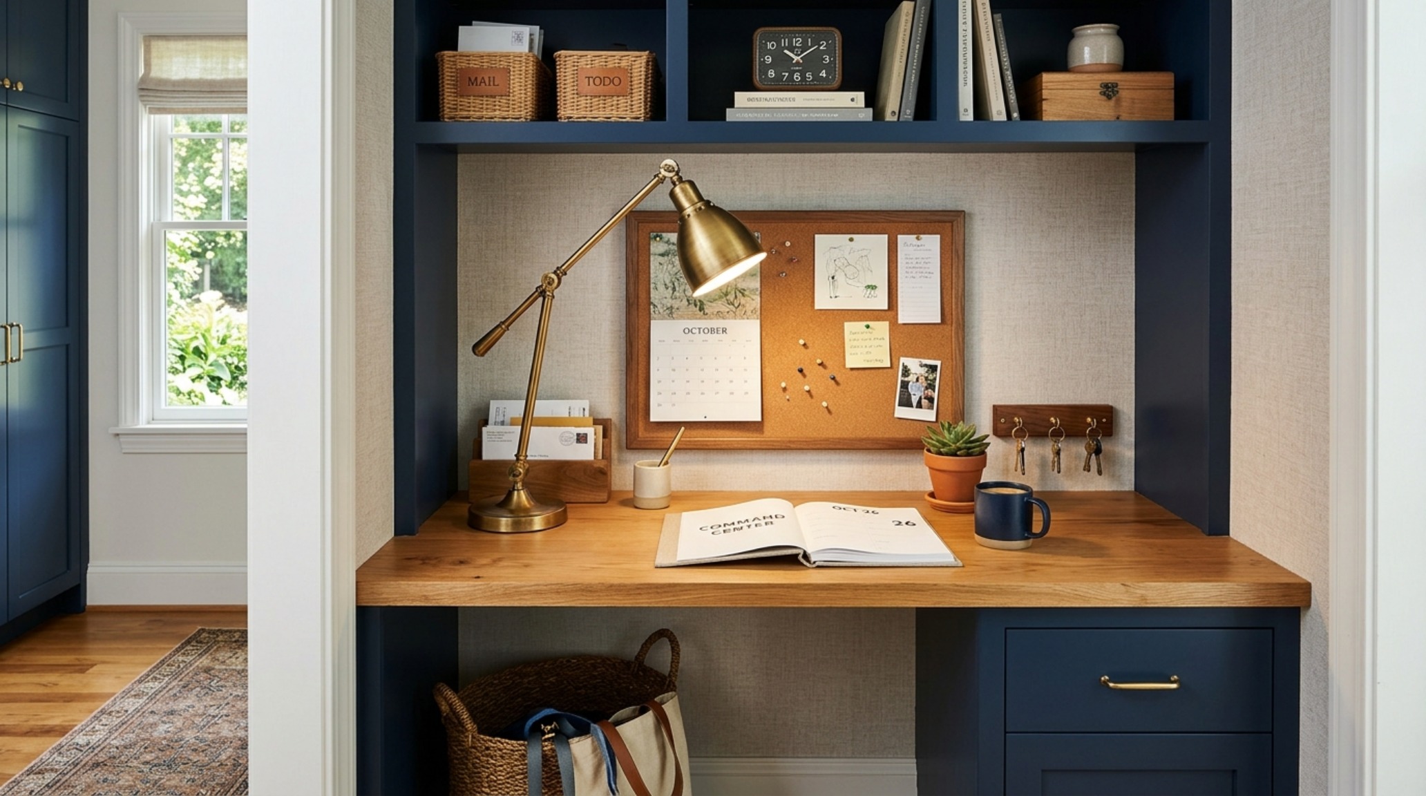 Close-up of weathered unlacquered brass pulls against Benjamin Moore Hale Navy paint, illustrating the living patina of high-end utility room hardware.