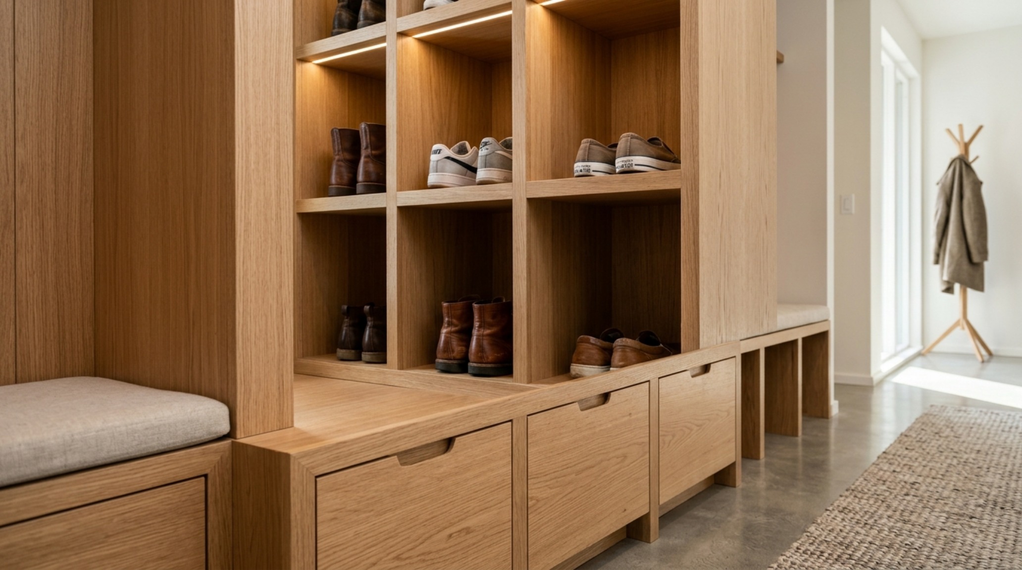 Custom mudroom cubby featuring rift-sawn white oak bench seating and integrated LED task lighting for a pet-friendly mudroom storage solution.
