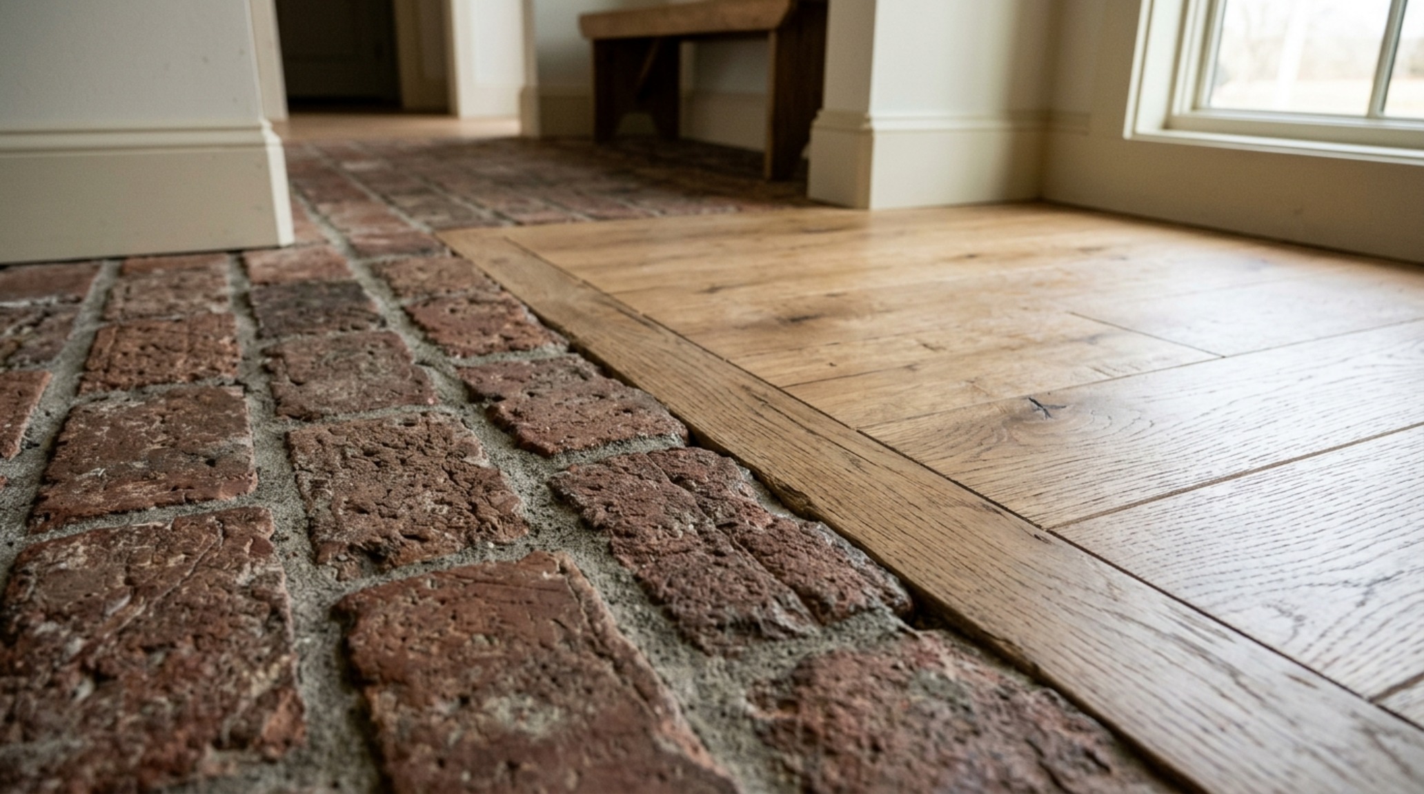 Top-down view of reclaimed thin brick flooring transitions, highlighting the texture and durability of entryway materials.