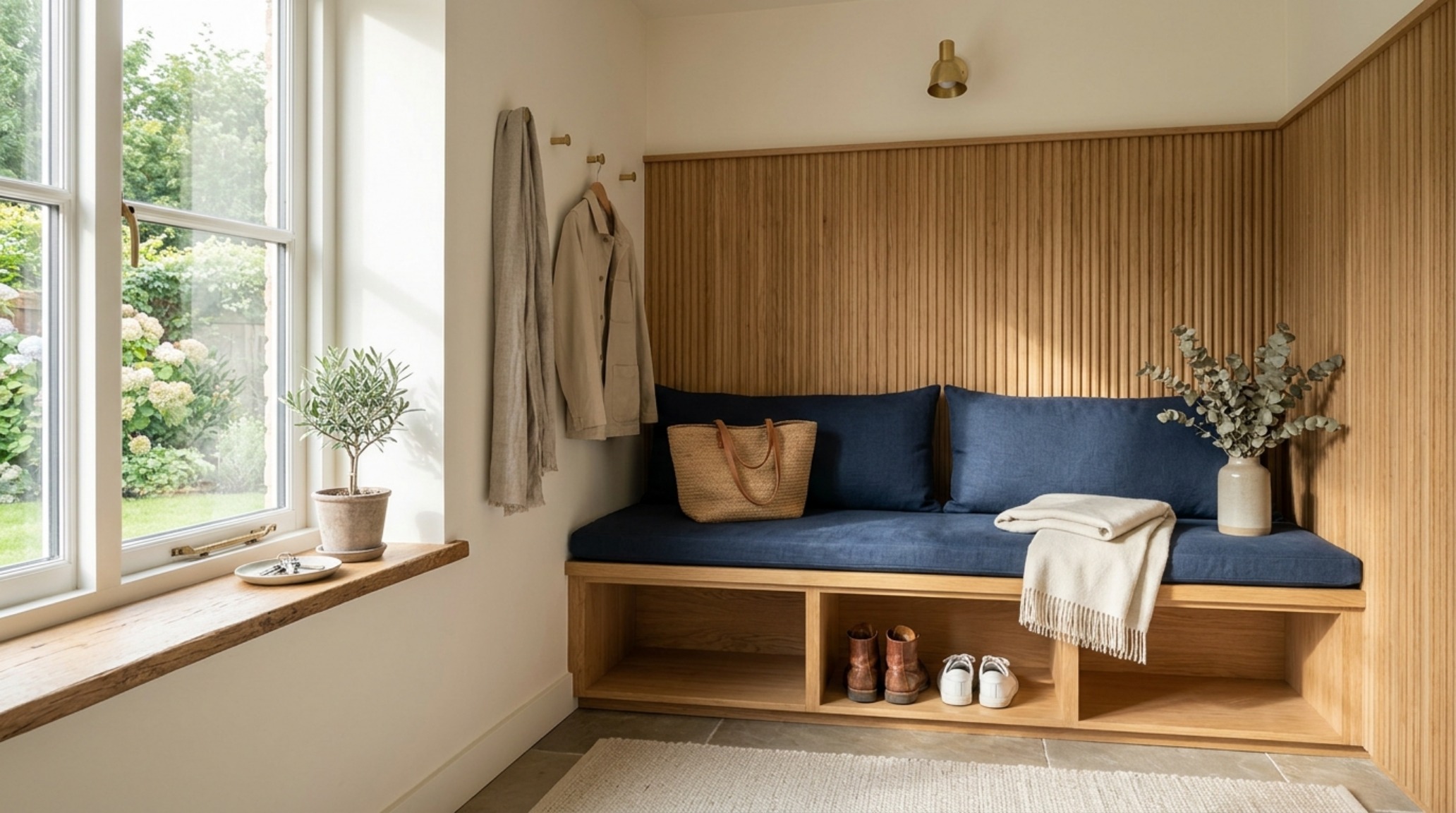 A concealed command center desk tucked inside navy cabinetry, showcasing smart organization ideas for a whole home mudroom.