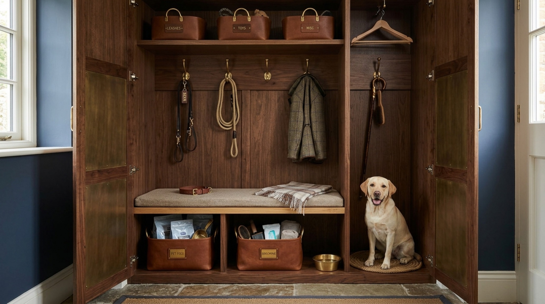 Soft evening light filtering through a mudroom window, catching the texture of fluted oak accents and silk-finish surfaces.
