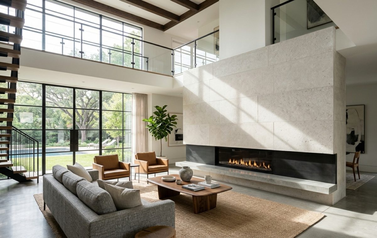Luxury living room layouts featuring a double-height vaulted ceiling with integrated cove lighting and a custom stone fireplace hearth.