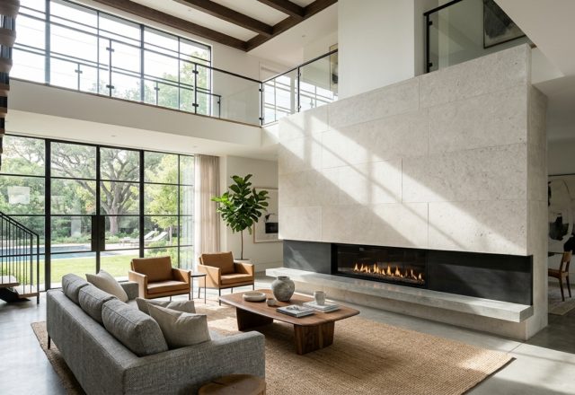 Luxury living room layouts featuring a double-height vaulted ceiling with integrated cove lighting and a custom stone fireplace hearth.