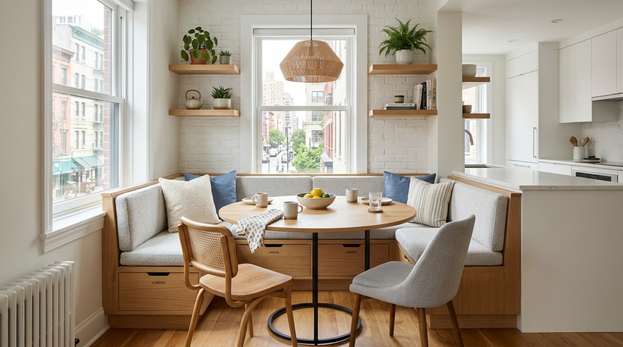 Small house interior design ideas focusing on a multifunctional breakfast nook with integrated bench storage and a circular pedestal table.