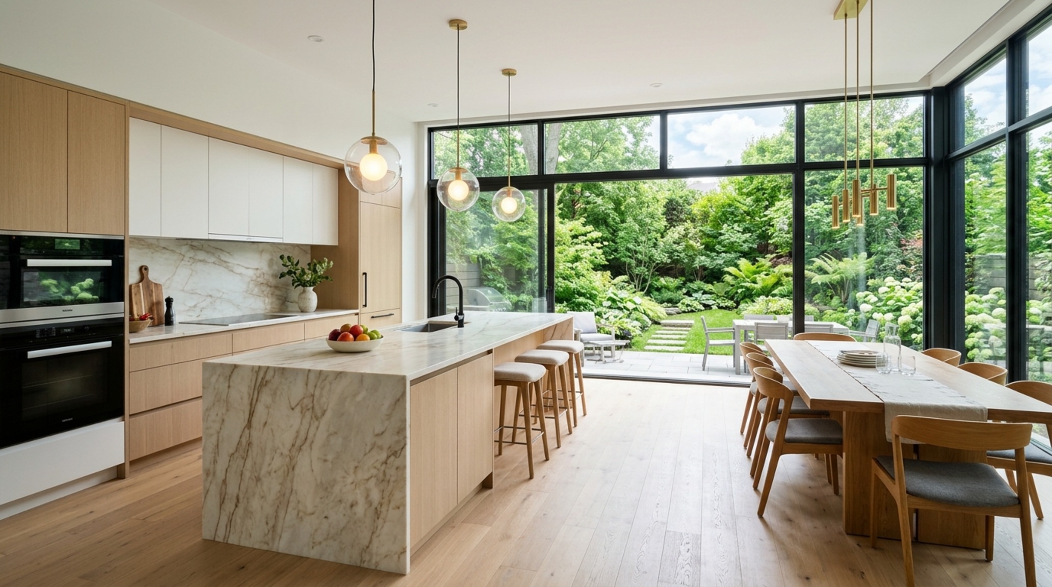 Open concept house photos showcasing a seamless transition between a minimalist kitchen and a sun-drenched dining area with floor-to-ceiling glass.