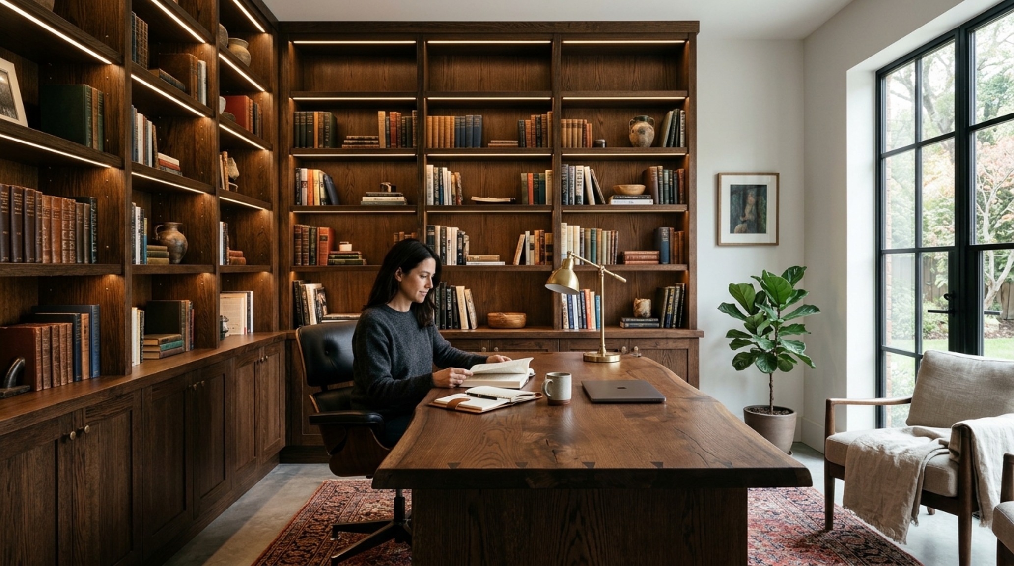 Bespoke home interior styling showcasing custom floor-to-ceiling library shelving with precise shadow-gap joinery and integrated task lighting.