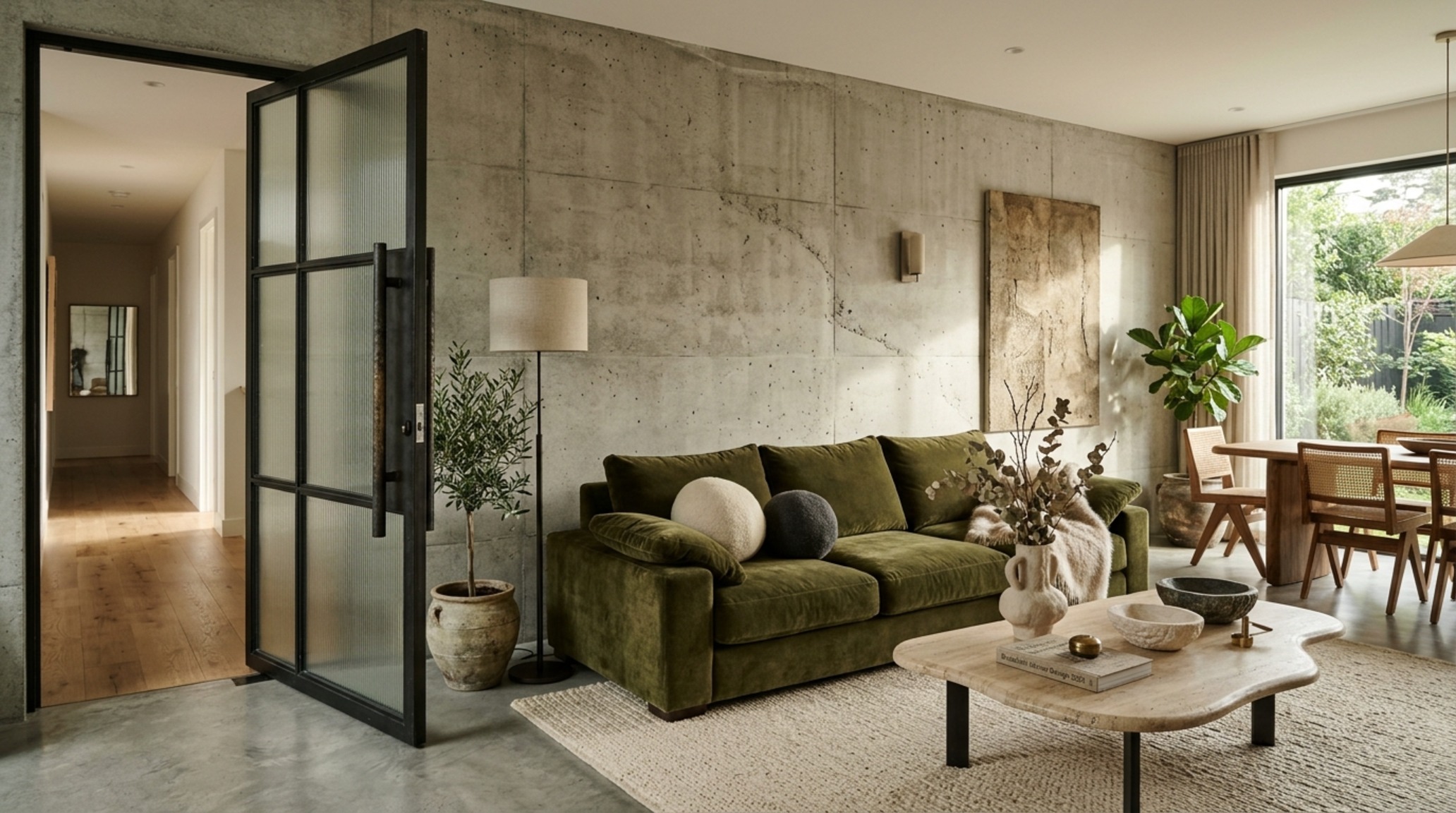 Modern home decor trends 2024 highlighting a soft brutalist aesthetic with exposed concrete columns and warm walnut paneling.