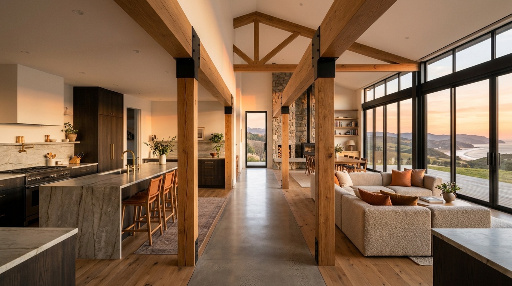 Open concept house photos emphasizing the 36-inch primary circulation path between a marble kitchen island and a terrace entrance.