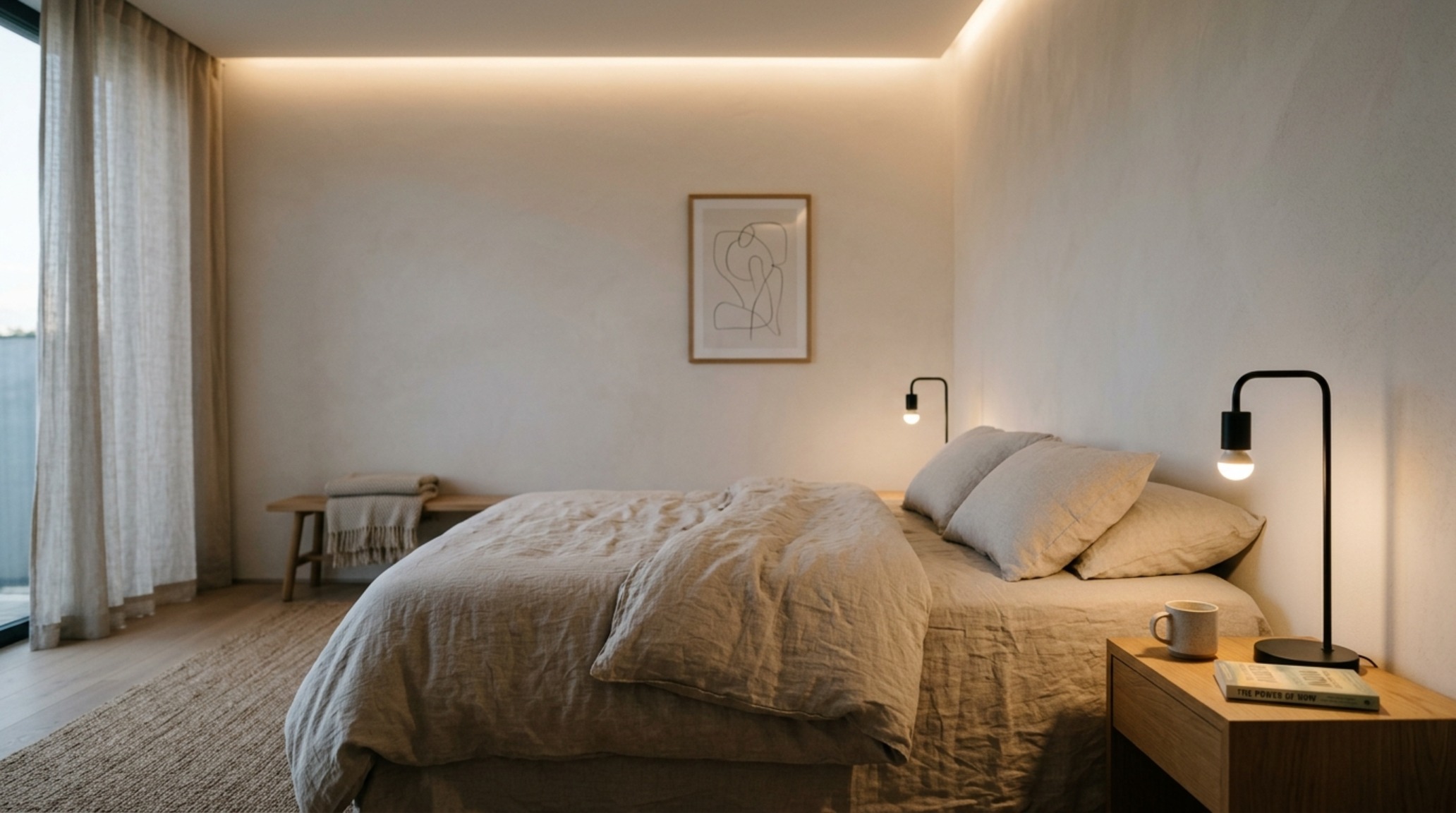 Minimalist room photography of a bedroom sanctuary with 2700K warm ambient lighting and sheer floor-to-ceiling drapery.