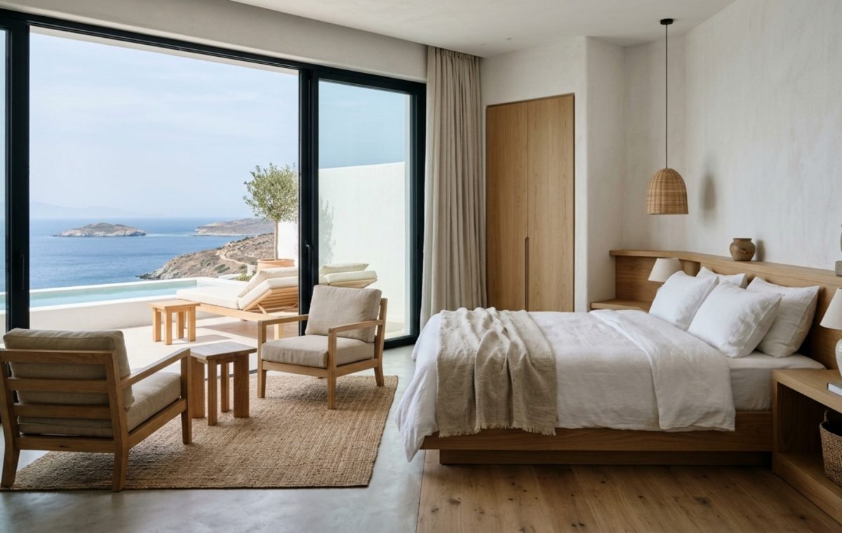 barefoot luxury hotel decor featuring low-slung oak furniture and floor-to-ceiling linen drapes in a sun-drenched Aegean suite