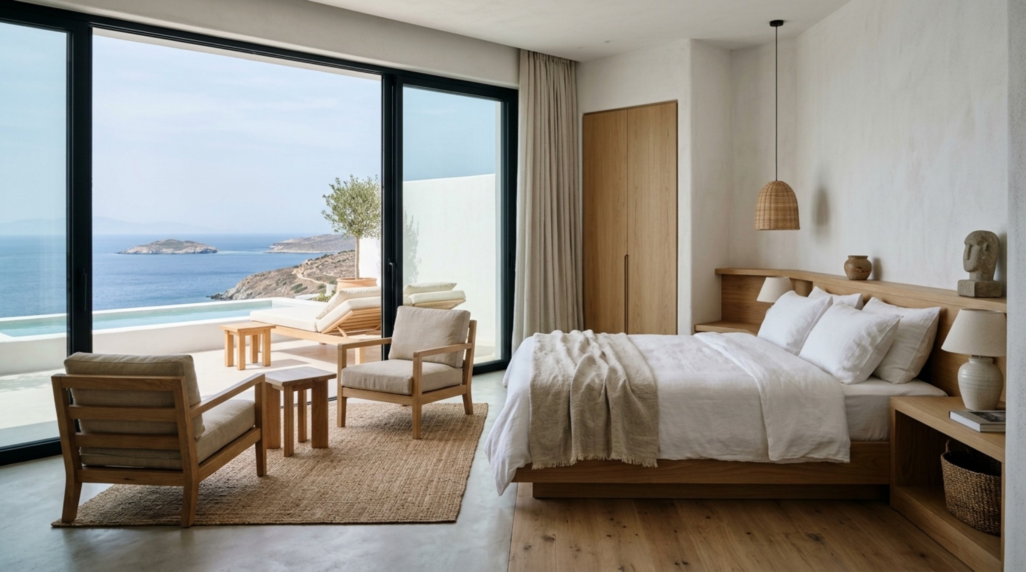 barefoot luxury hotel decor featuring low-slung oak furniture and floor-to-ceiling linen drapes in a sun-drenched Aegean suite barefoot luxury hotel decor featuring low-slung oak furniture and floor-to-ceiling linen drapes in a sun-drenched Aegean suite