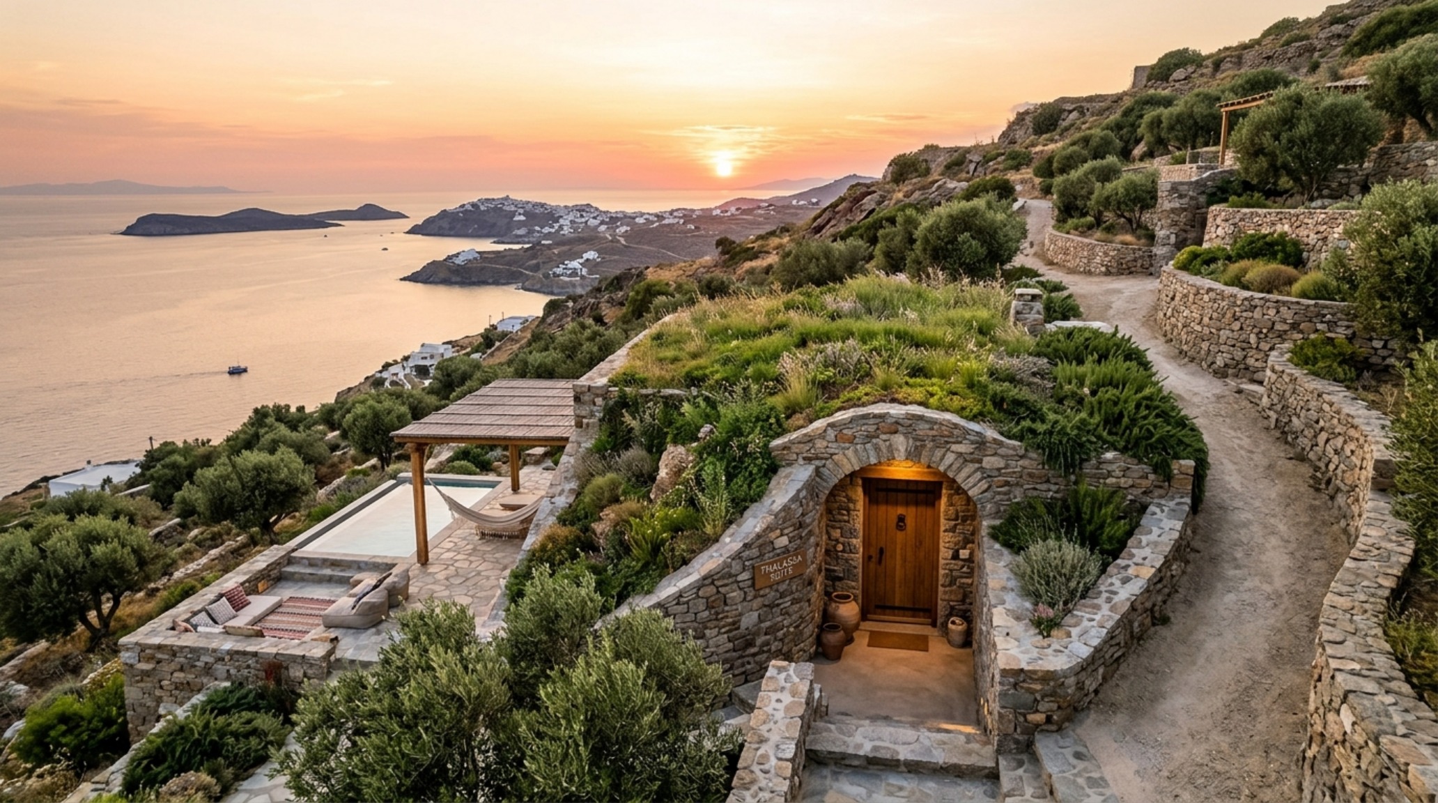 sustainable Mediterranean resort architecture exterior detail of a subterranean suite entrance blended into a wild hillside sustainable Mediterranean resort architecture exterior detail of a subterranean suite entrance blended into a wild hillside