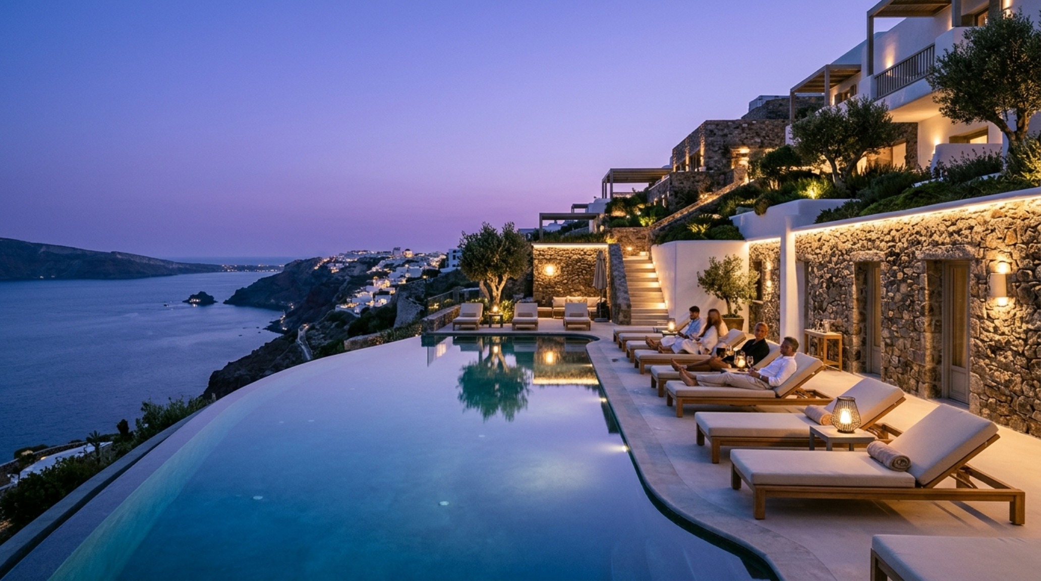 luxury hotel openings greece 2025 terrace view at twilight with 2700K ambient uplighting highlighting local architectural stone luxury hotel openings greece 2025 terrace view at twilight with 2700K ambient uplighting highlighting local architectural stone