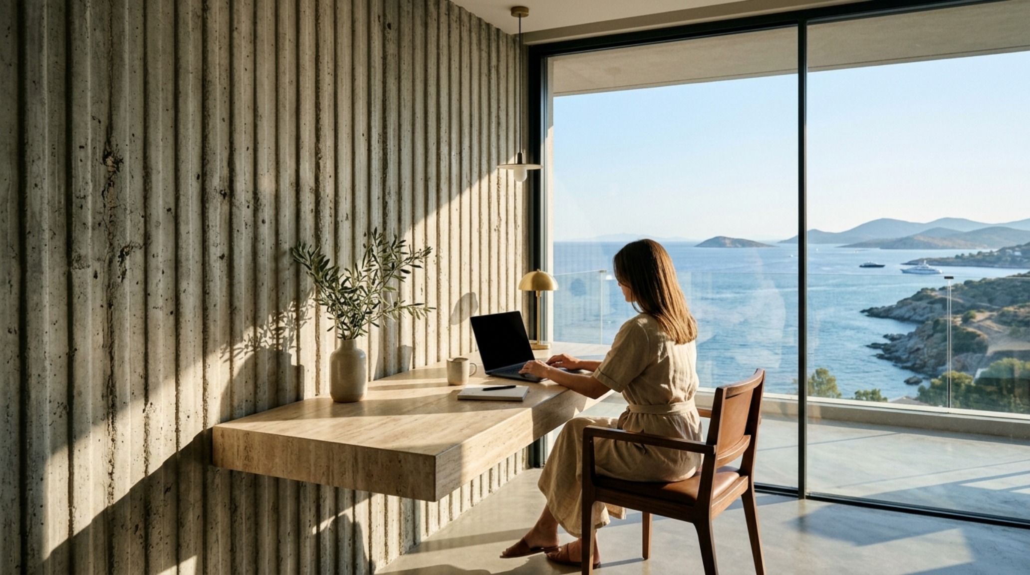 boutique hotels Athens Riviera 2026 aesthetic with raw fluted concrete walls and a cantilevered travertine desk overlooking the sea boutique hotels Athens Riviera 2026 aesthetic with raw fluted concrete walls and a cantilevered travertine desk overlooking the sea