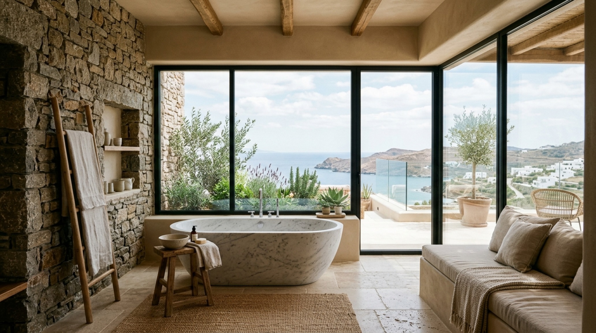 sustainable Mediterranean resort architecture integrating dry-stack stone walls and an open-concept spa bathroom with a marble tub sustainable Mediterranean resort architecture integrating dry-stack stone walls and an open-concept spa bathroom with a marble tub